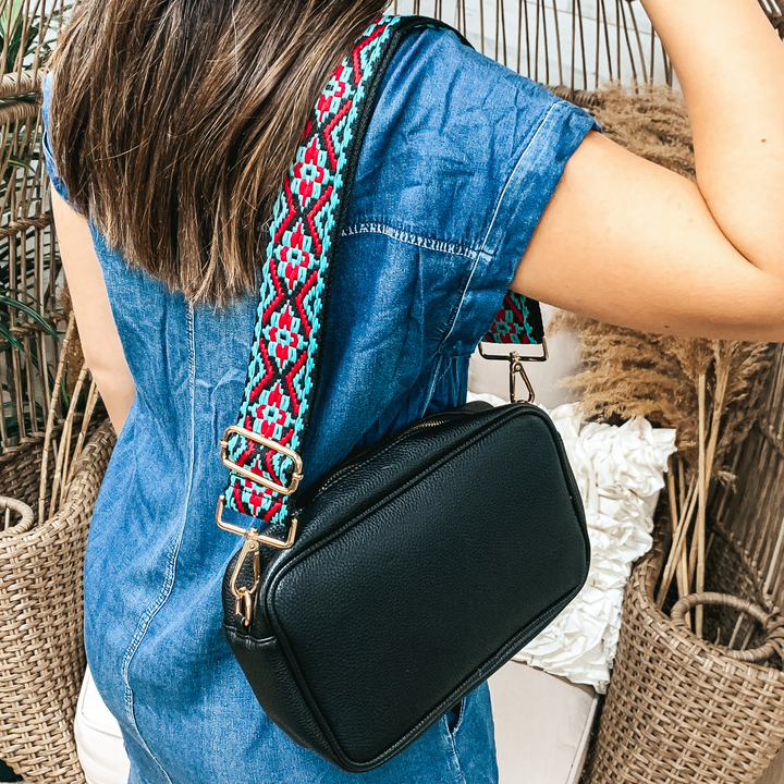 Embroidered Aztec Design on Black Canvas Adjustable Purse Strap in Red/Baby Blue - Giddy Up Glamour Boutique