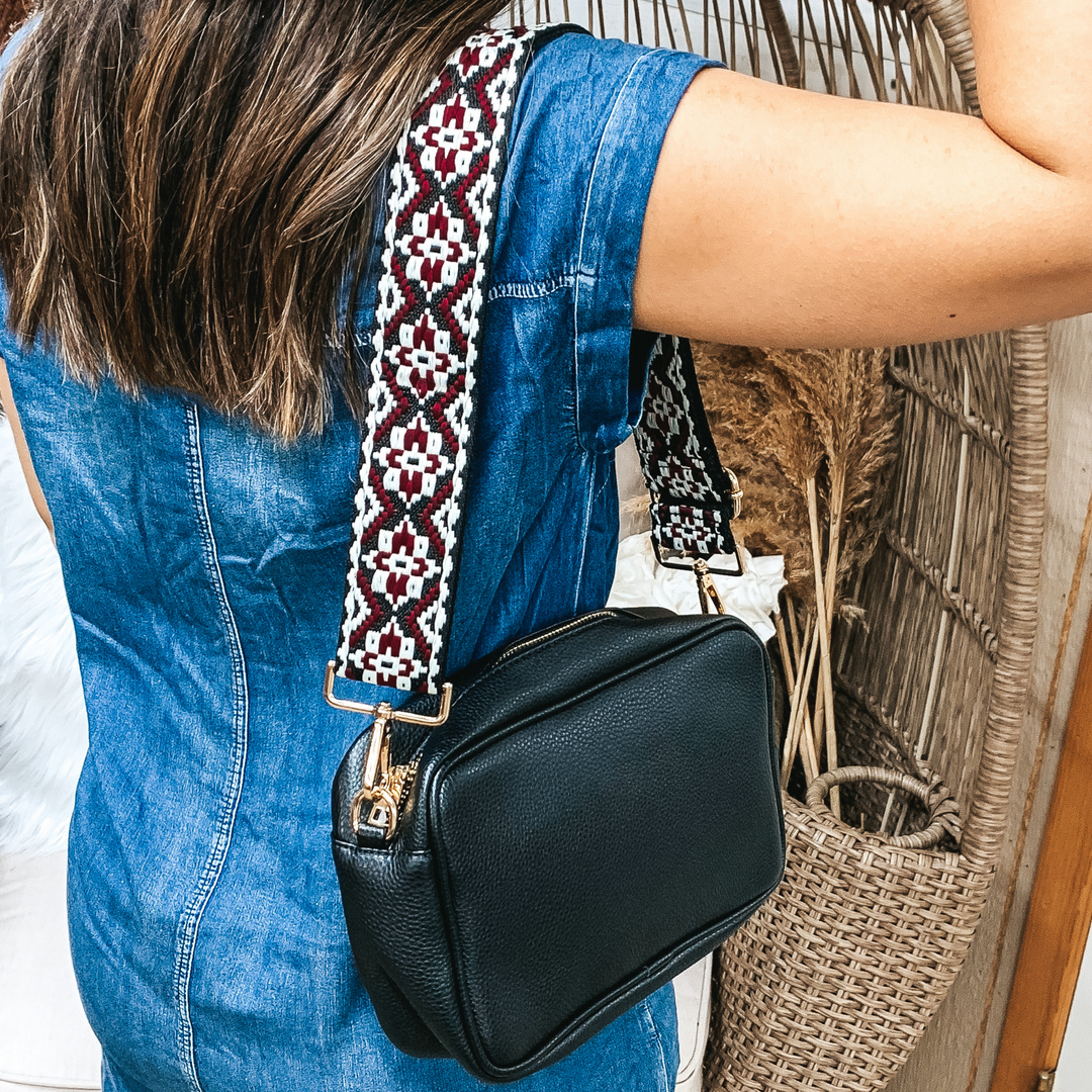 Embroidered Aztec Design on Black Canvas Adjustable Purse Strap in Maroon/White - Giddy Up Glamour Boutique