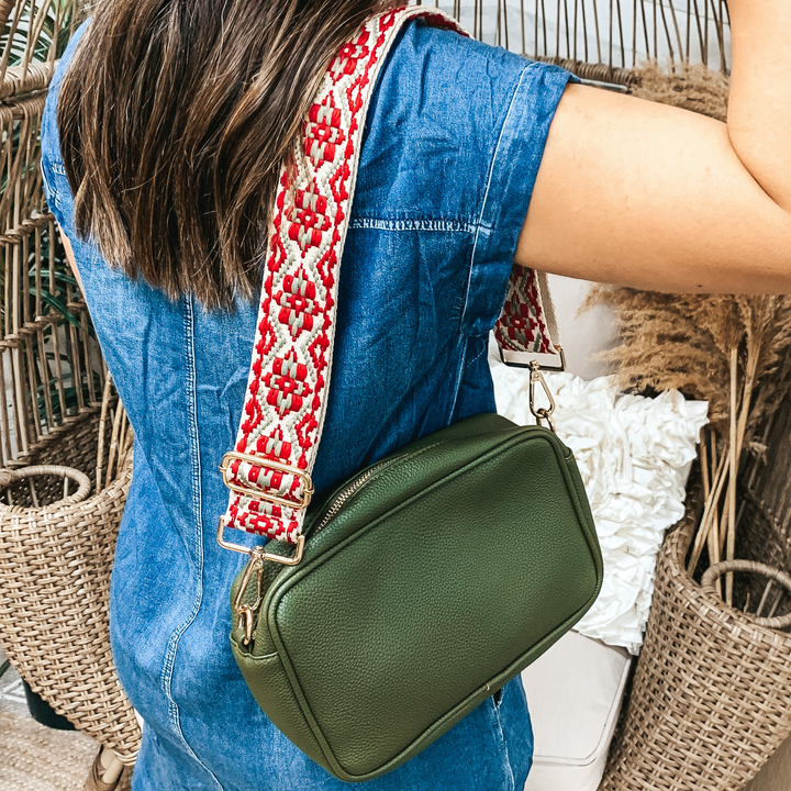 Embroidered Aztec Design on Beige Canvas Adjustable Purse Strap in Sage/Red - Giddy Up Glamour Boutique