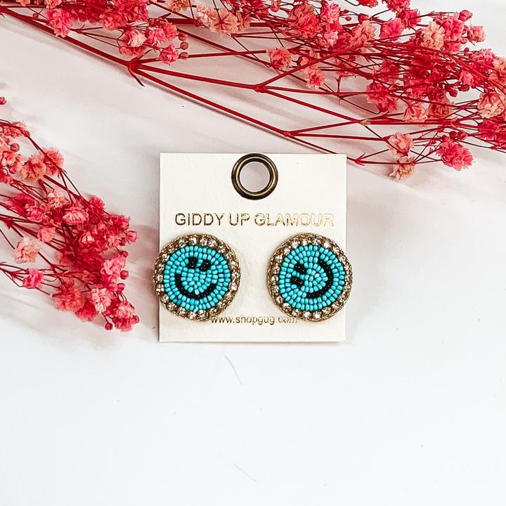 aqua beaded smiley face stud earrings