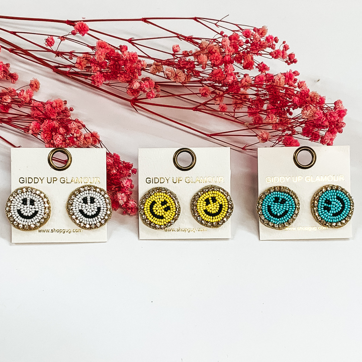 Beaded Happy Face Circle Stud Earrings with Crystal Outline in Aqua - Giddy Up Glamour Boutique