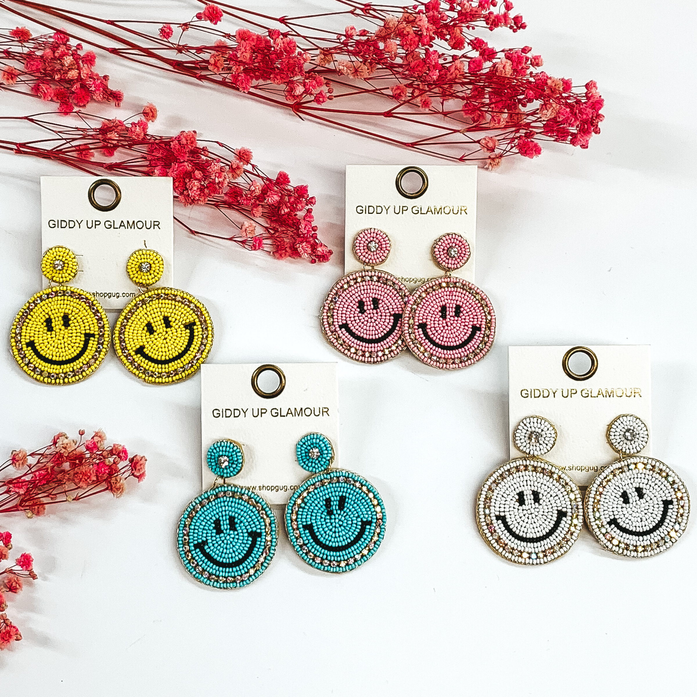 Beaded Happy Face Circle Drop Earrings with Crystal Outline in Aqua - Giddy Up Glamour Boutique