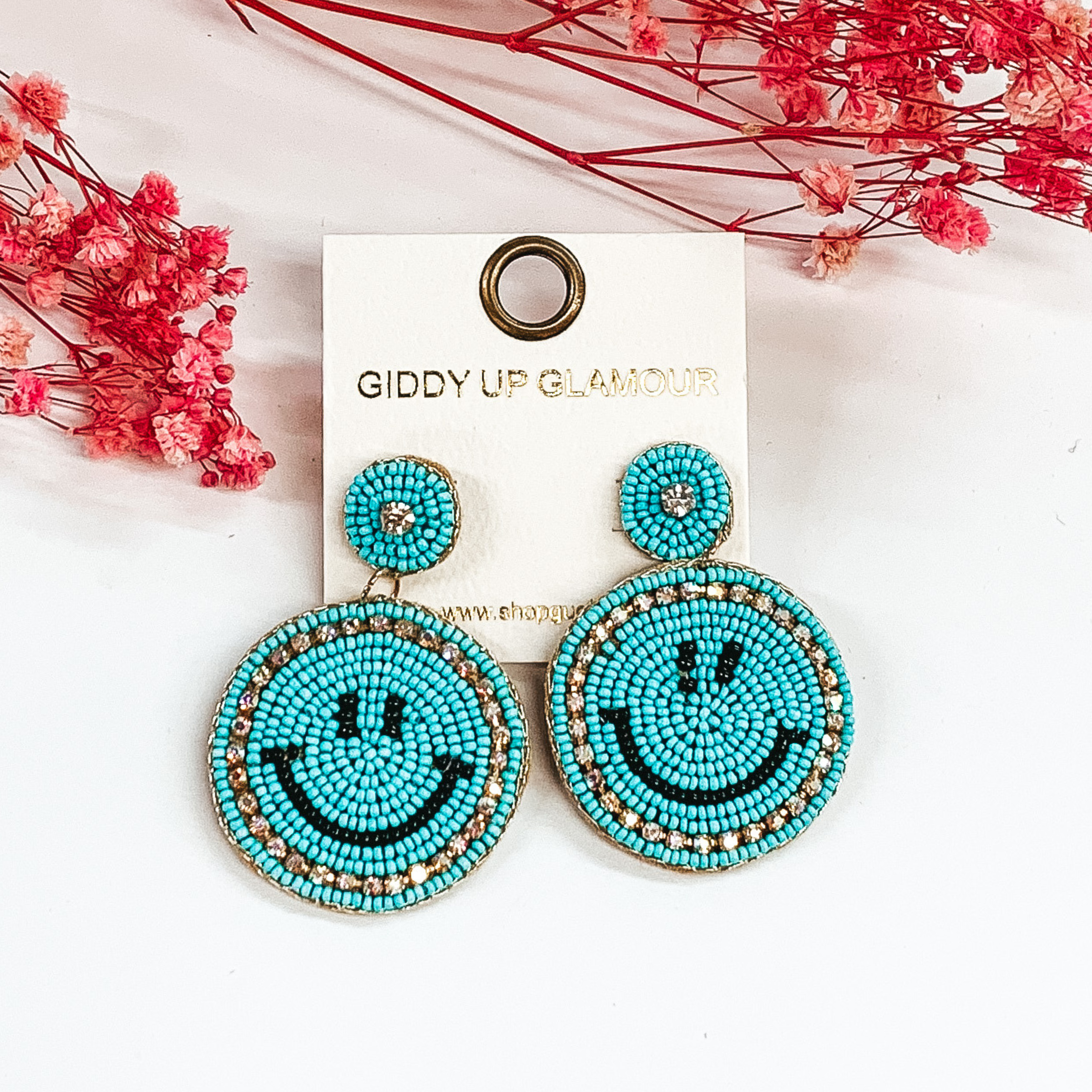 light blue beaded circle drop dangle earrings with smiley faces