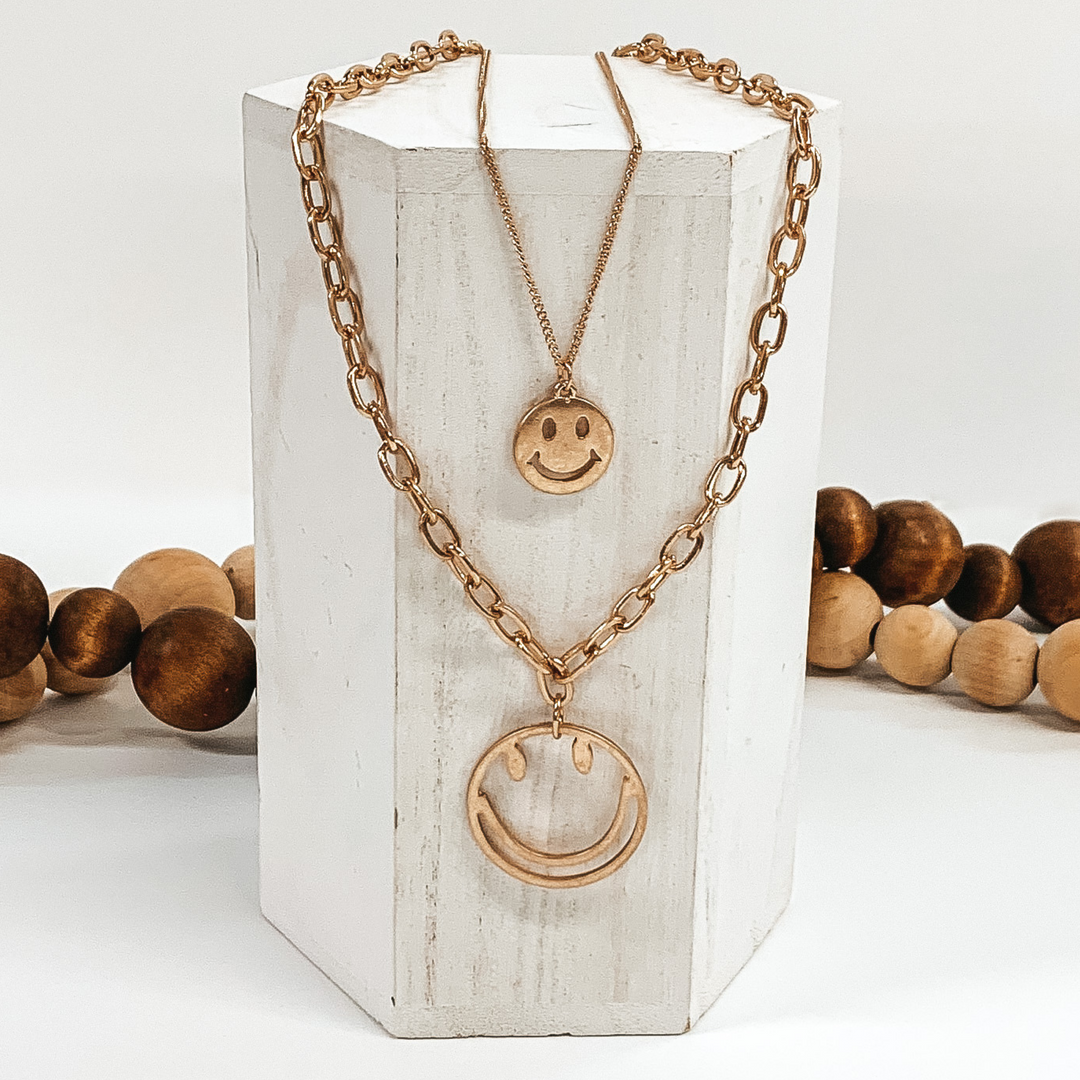 Double Chained Necklace with Happy Face Pendants in Gold - Giddy Up Glamour Boutique