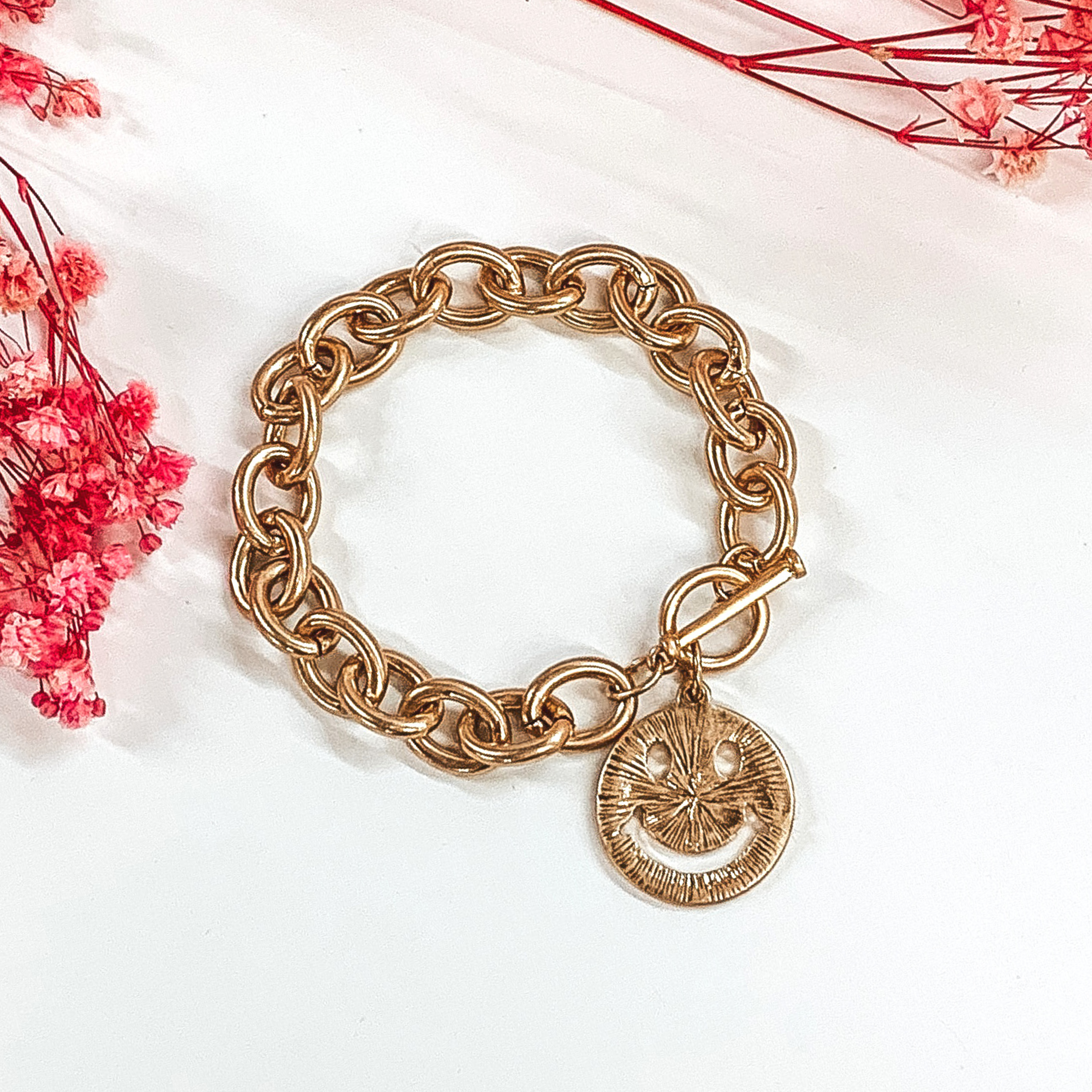 Happy Face Chained Bracelet in Gold - Giddy Up Glamour Boutique