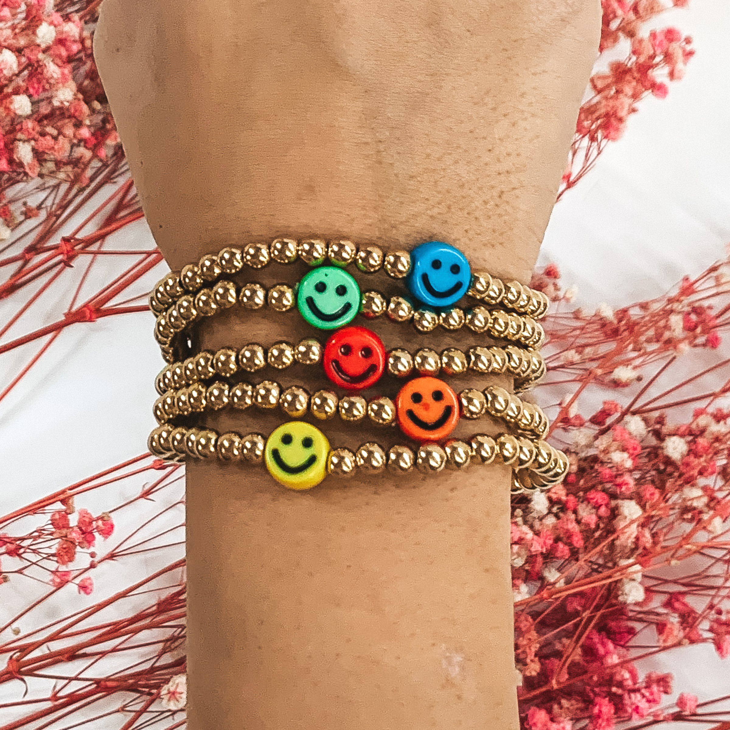 All Smiles Gold Beaded Bracelet Set with Happy Faces in Multicolored - Giddy Up Glamour Boutique