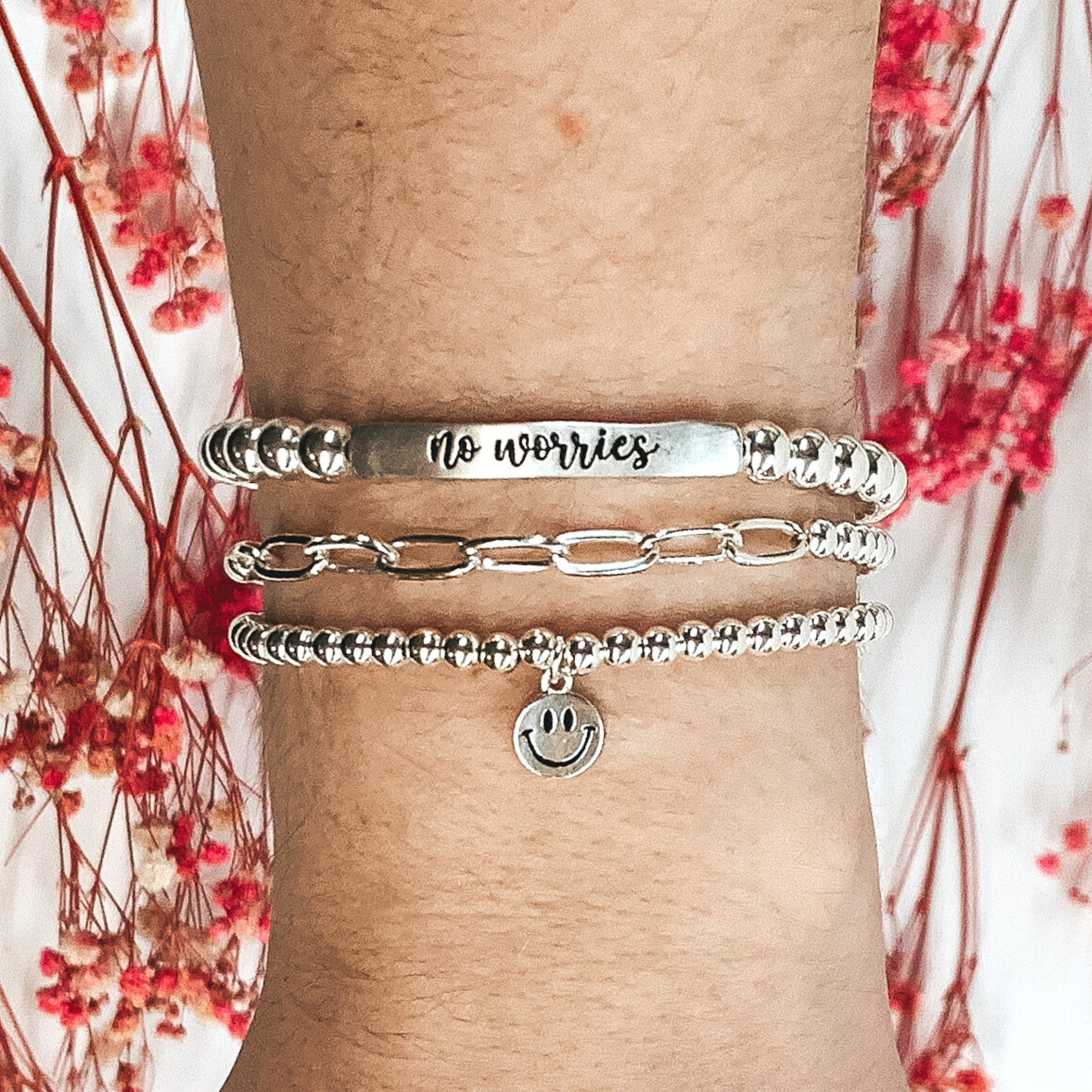 No Worries Beaded Bracelet Set in Silver - Giddy Up Glamour Boutique