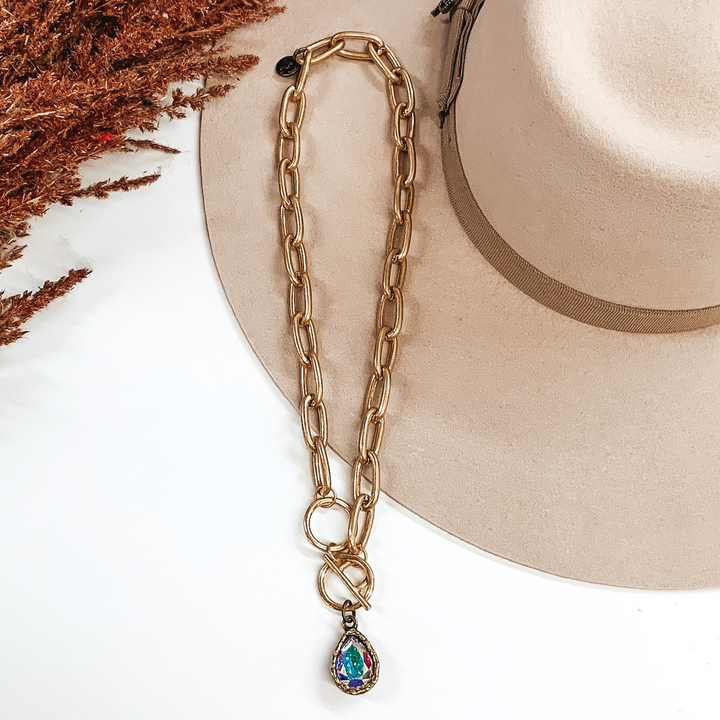 Pink Panache | Thick Chain Necklace in Gold with AB Pear Teardrop Cushion Cut Crystal - Giddy Up Glamour Boutique