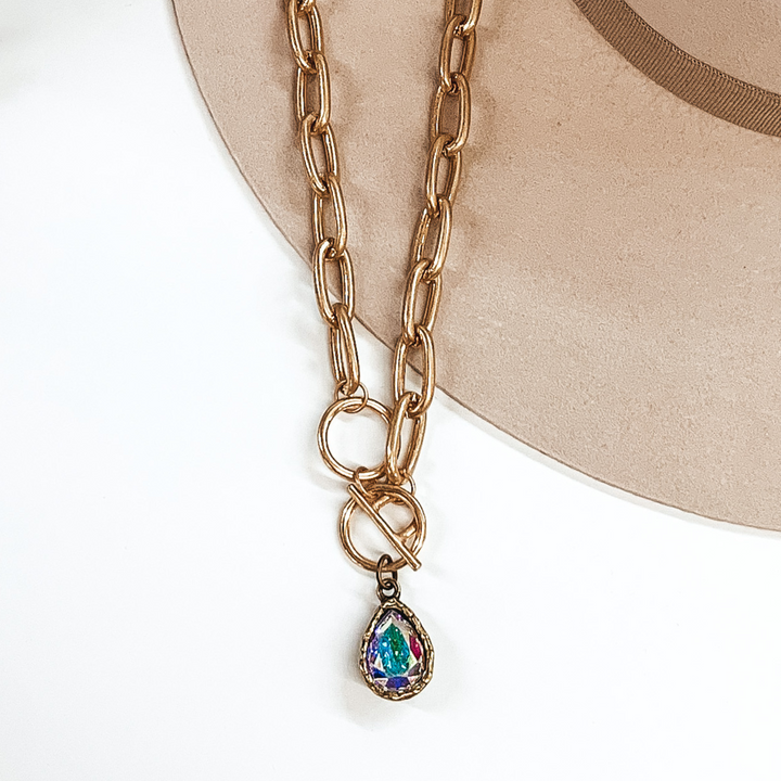 Pink Panache | Thick Chain Necklace in Gold with AB Pear Teardrop Cushion Cut Crystal - Giddy Up Glamour Boutique