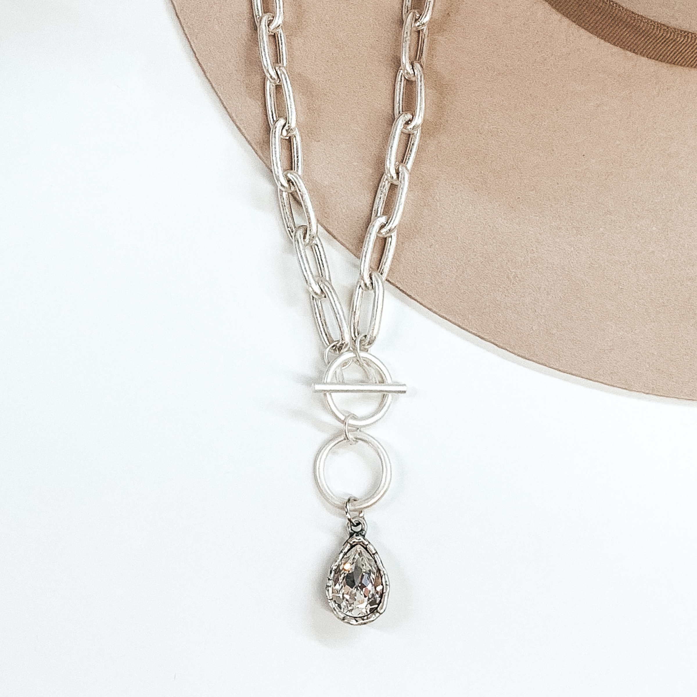 Pink Panache | Thick Chain Necklace in Silver with Clear Pear Teardrop Cushion Cut Crystal - Giddy Up Glamour Boutique