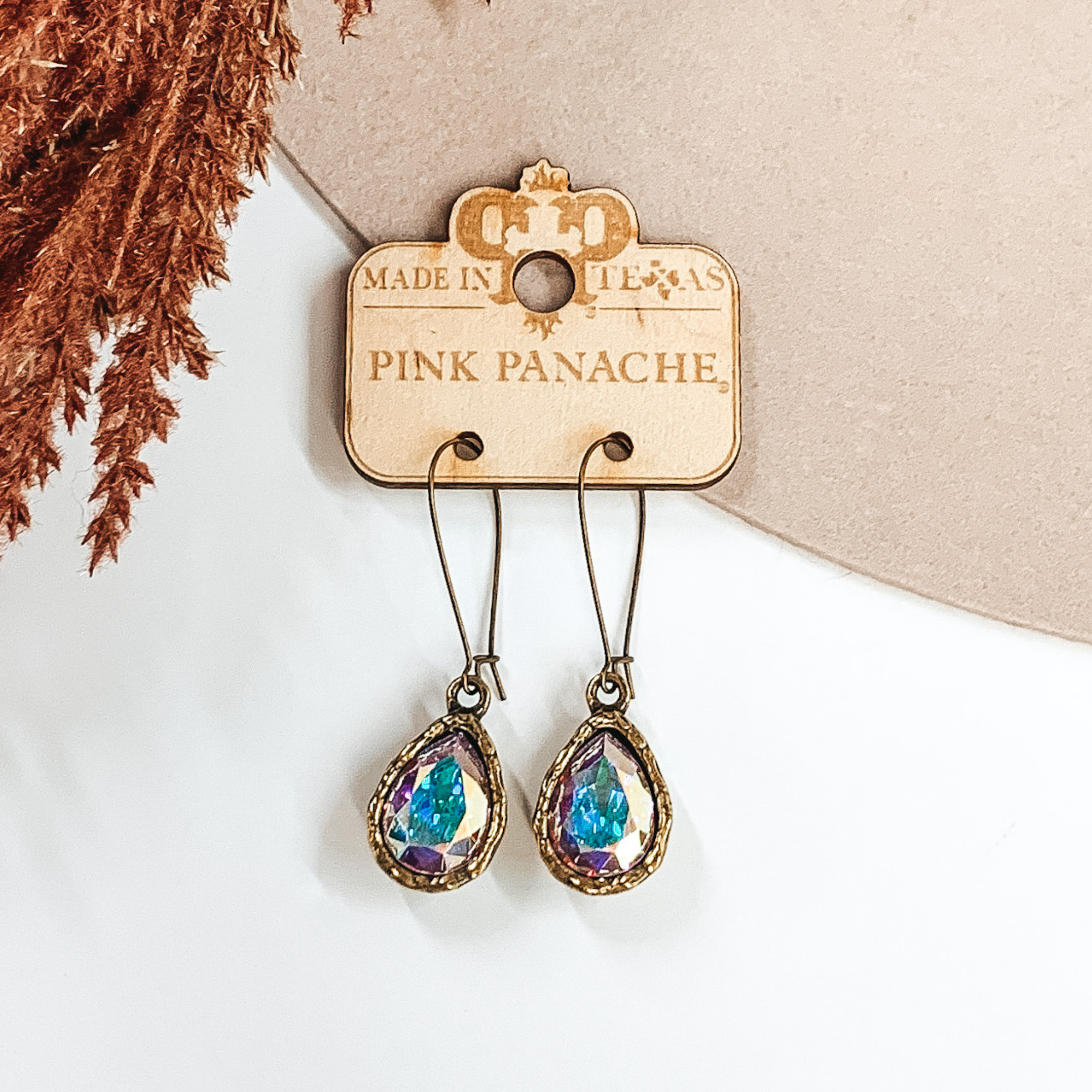 Pink Panache | Bronze Kidney Wire Earrings with AB Pear Teardrop Crystal Charm - Giddy Up Glamour Boutique