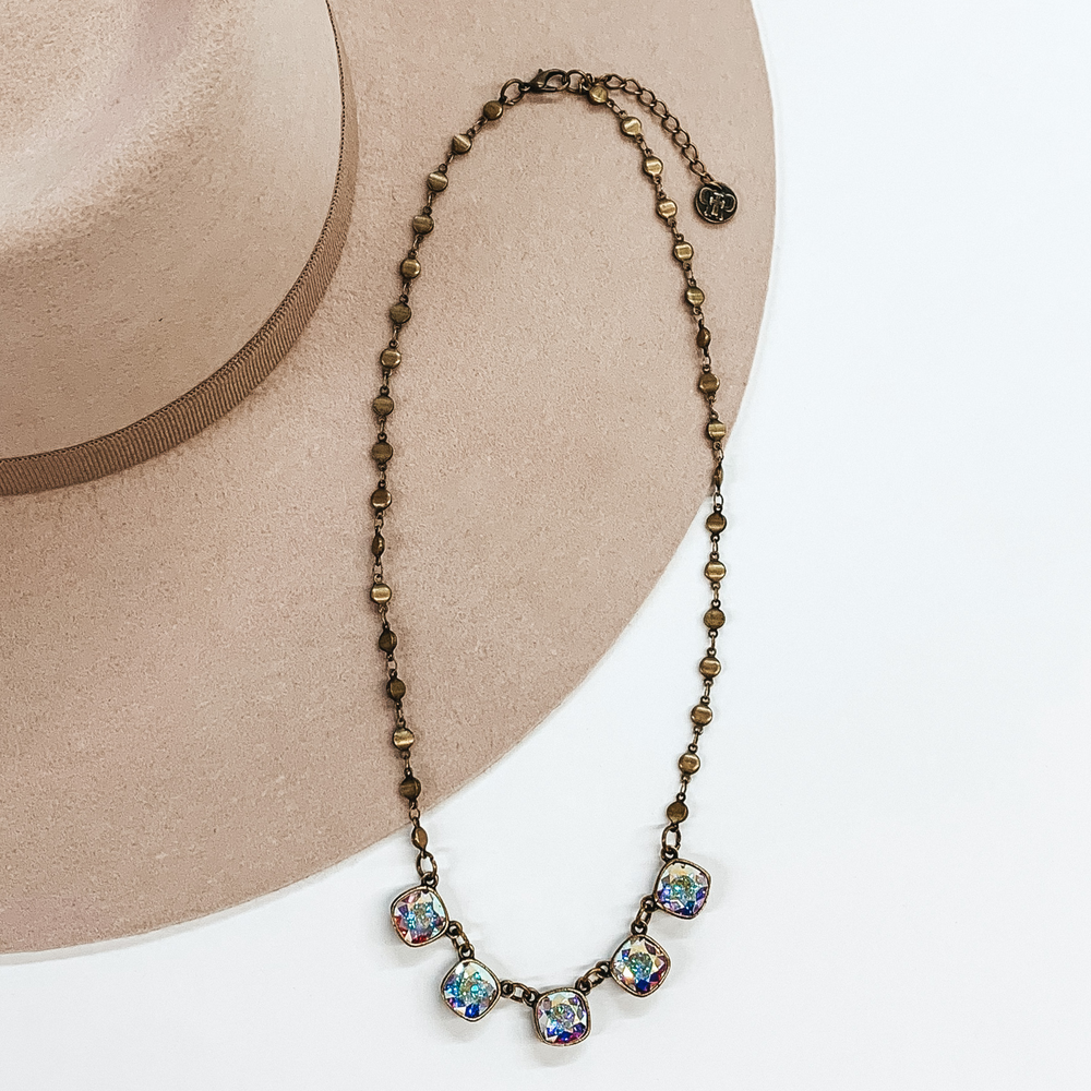 Pink Panache | Five AB Cushion Cut Crystal Chain Link Necklace in Bronze - Giddy Up Glamour Boutique