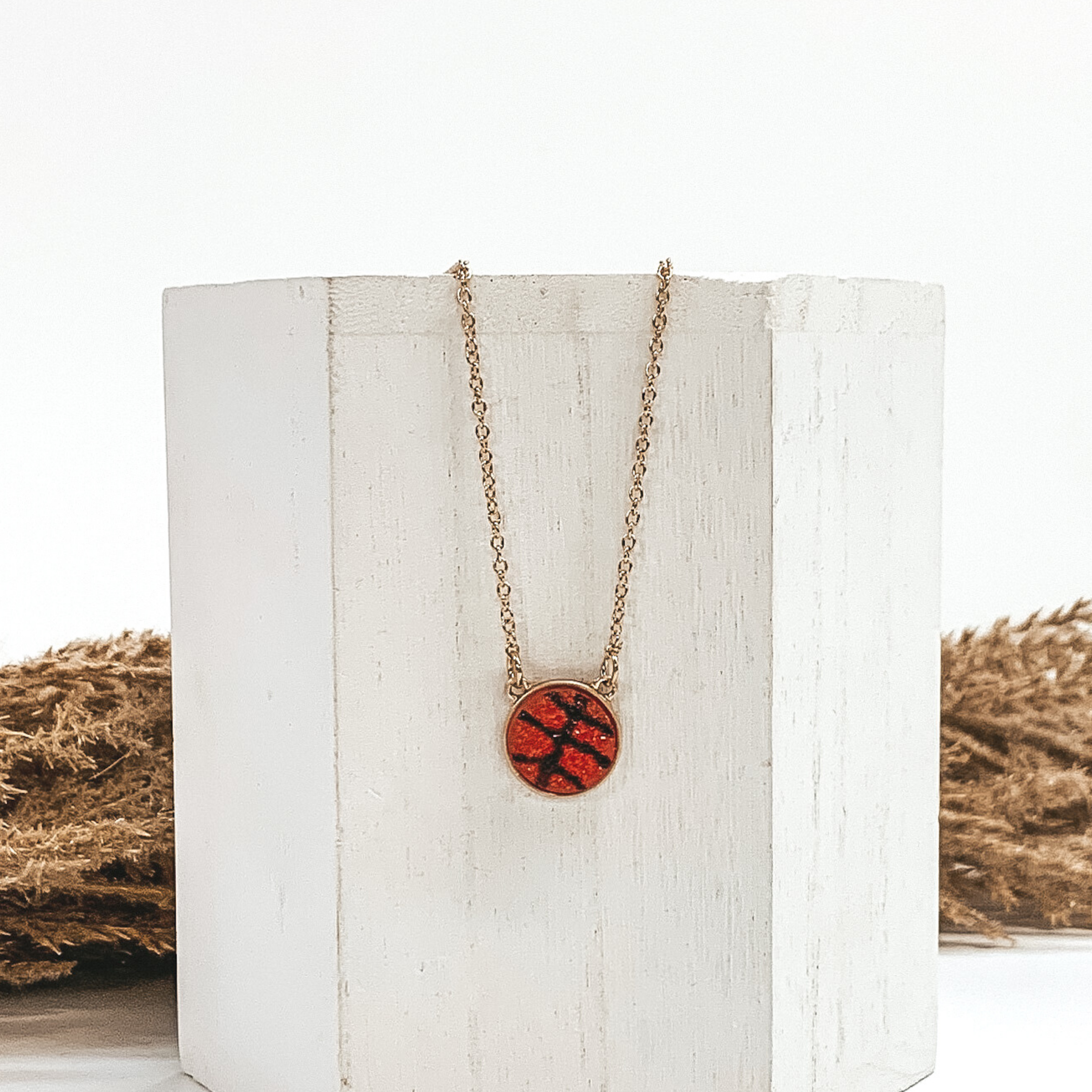 gold adjustable necklace with druzy basketball pendant 