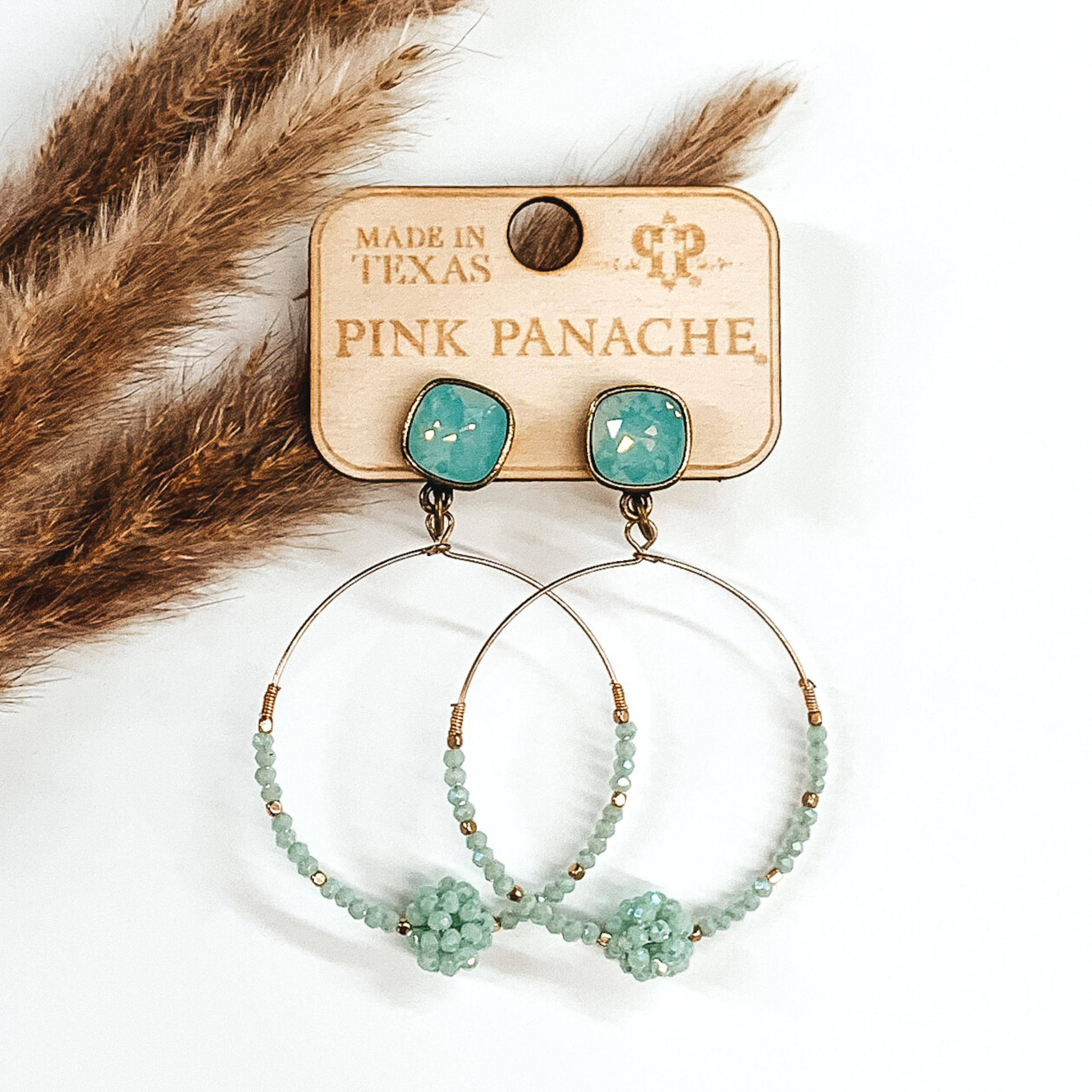Pink Panache | Mint and Gold Beaded Knot Hoop Earrings with Cushion Cut Crystals in Mint - Giddy Up Glamour Boutique