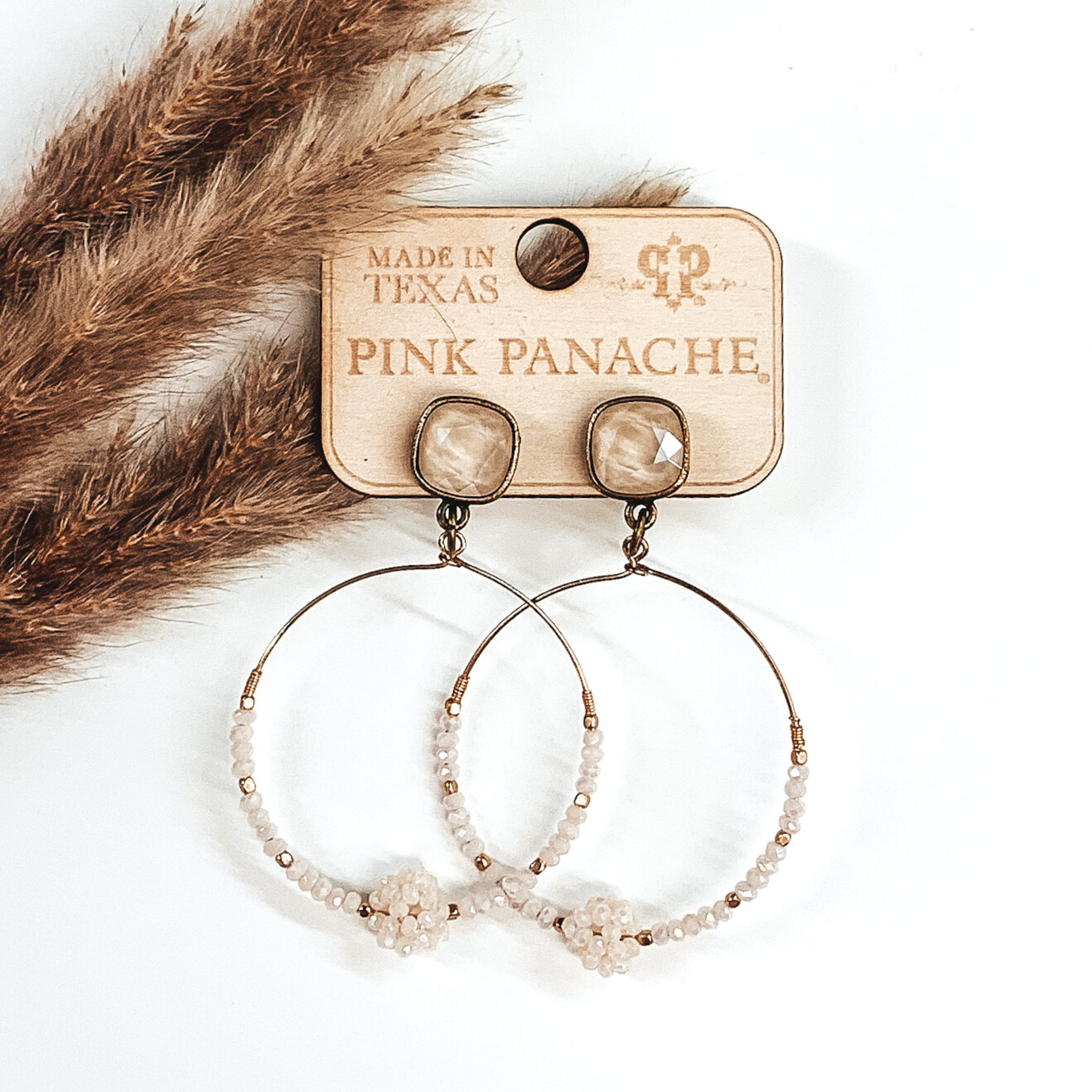 Pink Panache | Ivory and Gold Beaded Knot Hoop Earrings with Cushion Cut Crystals in Ivory - Giddy Up Glamour Boutique