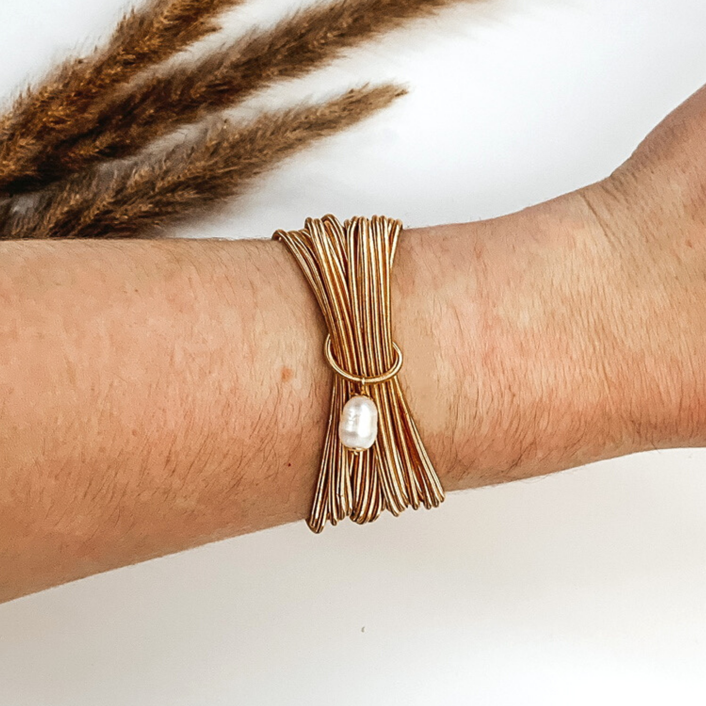 Guitar String Elastic Bracelet Set in Gold with a Pearl Charm - Giddy Up Glamour Boutique