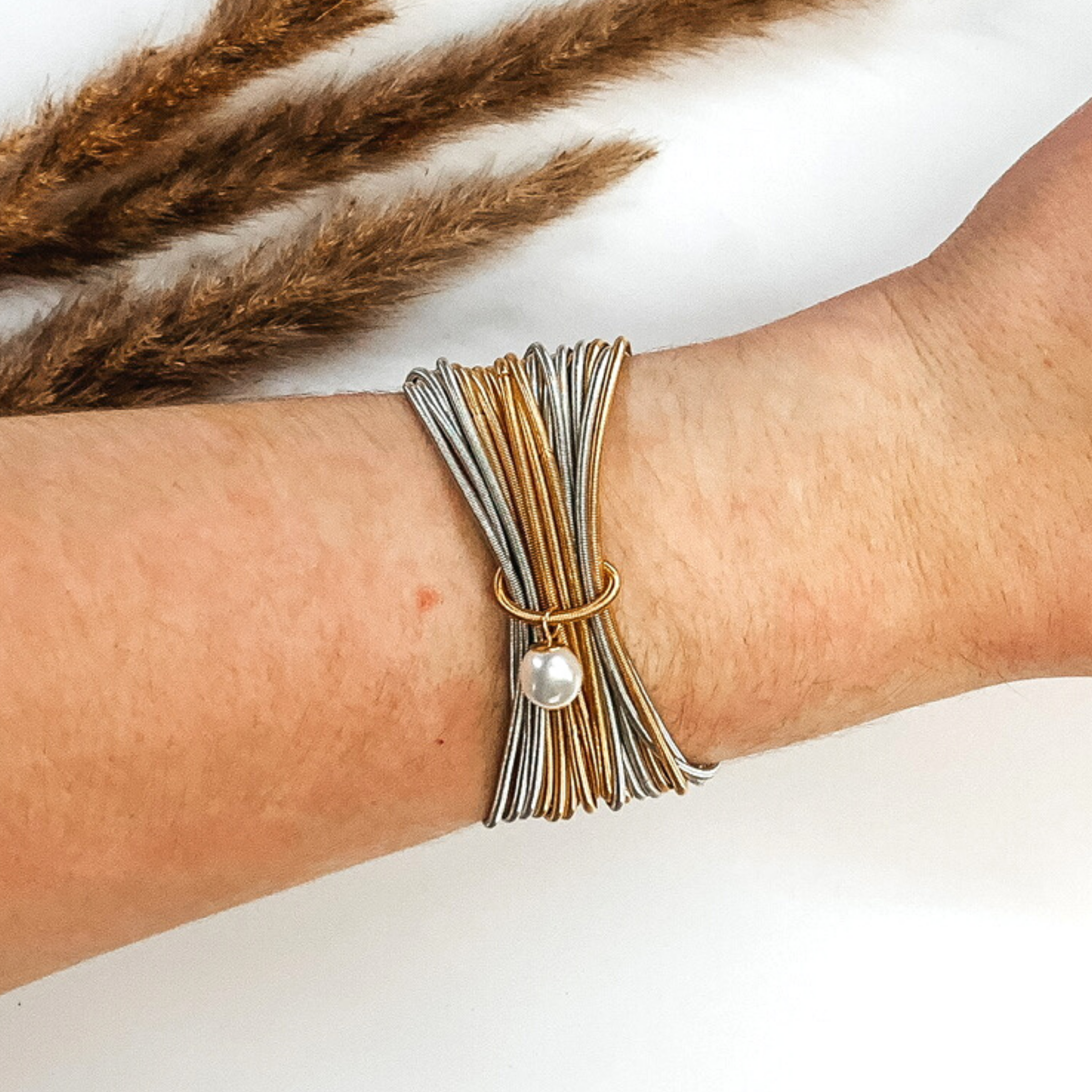 Guitar String Elastic Bracelet Set in Silver/Gold with a Pearl Charm - Giddy Up Glamour Boutique