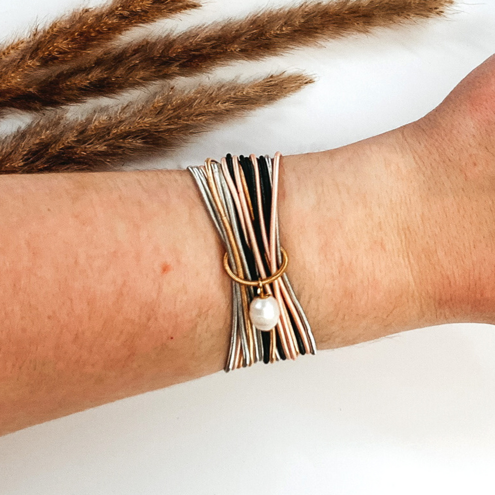 Guitar String Elastic Bracelet Set in Multicolored with a Pearl Charm - Giddy Up Glamour Boutique
