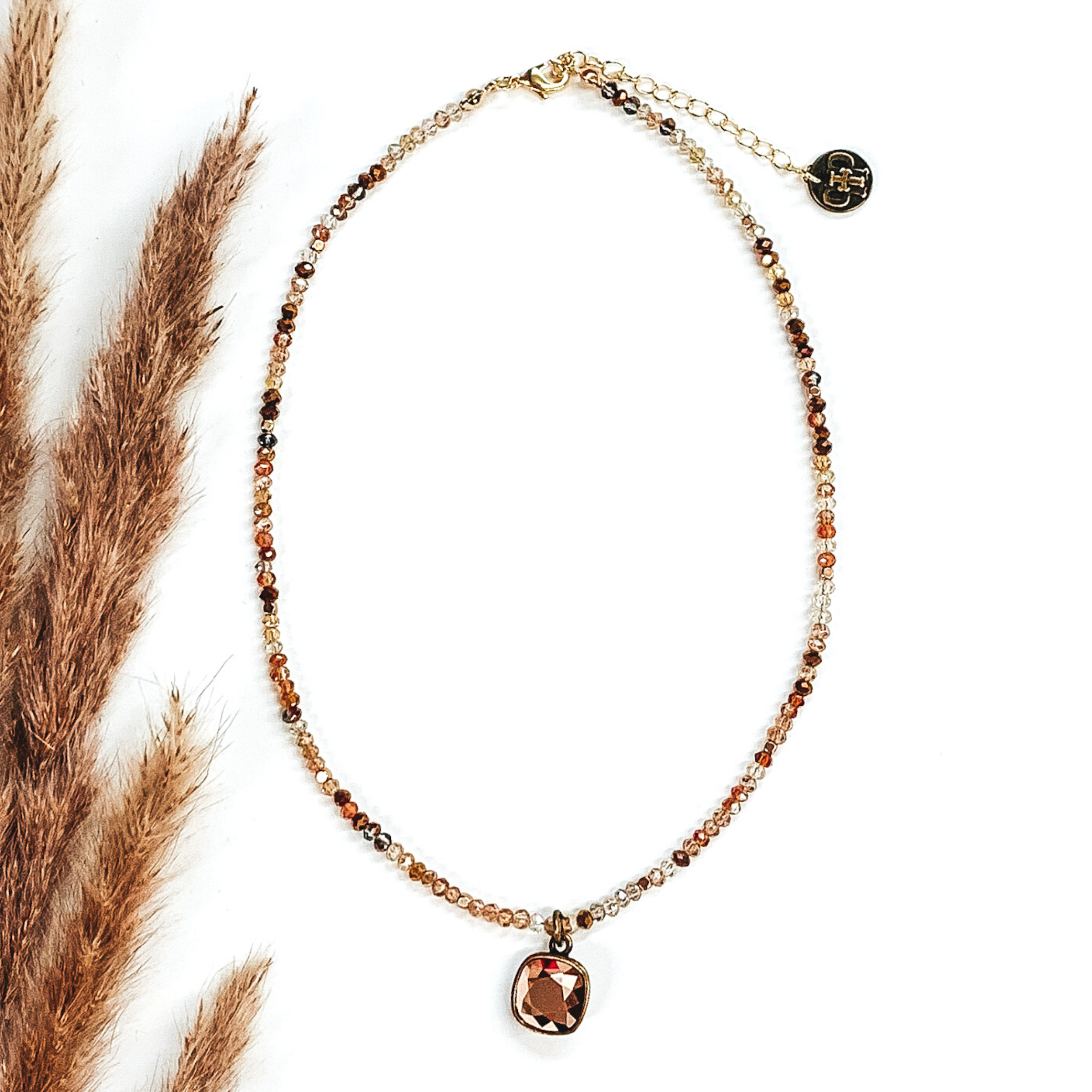 Pink Panache | Bronze and Rose Gold Mix Crystal Beaded Necklace with Rose Gold Cushion Cut Crystal - Giddy Up Glamour Boutique