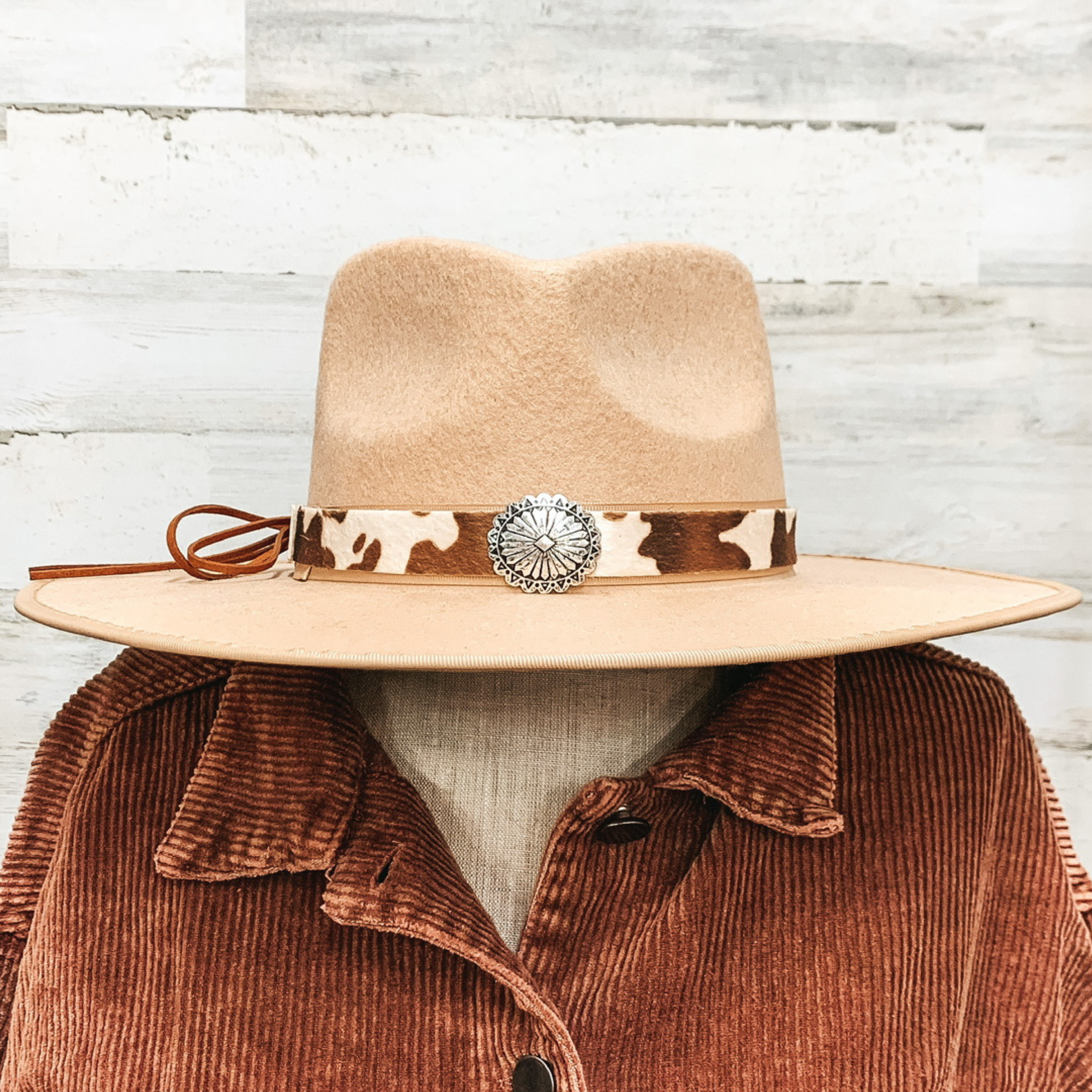 Back Road Chillin Cow Print Hat Band in Brown/Silver Tone - Giddy Up Glamour Boutique