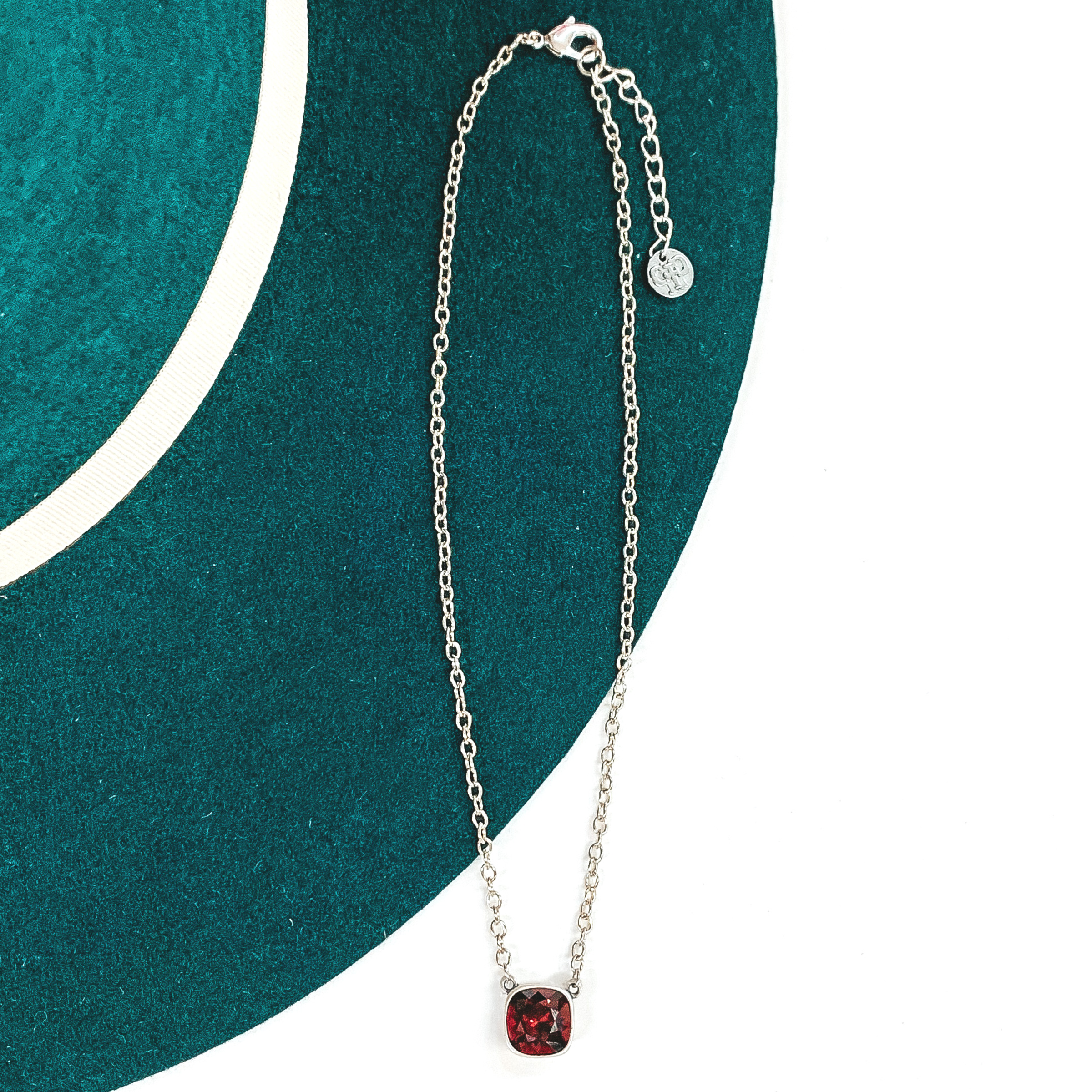 Pink Panache | Silver Chain Necklace with Cushion Cut Crystal in Maroon - Giddy Up Glamour Boutique
