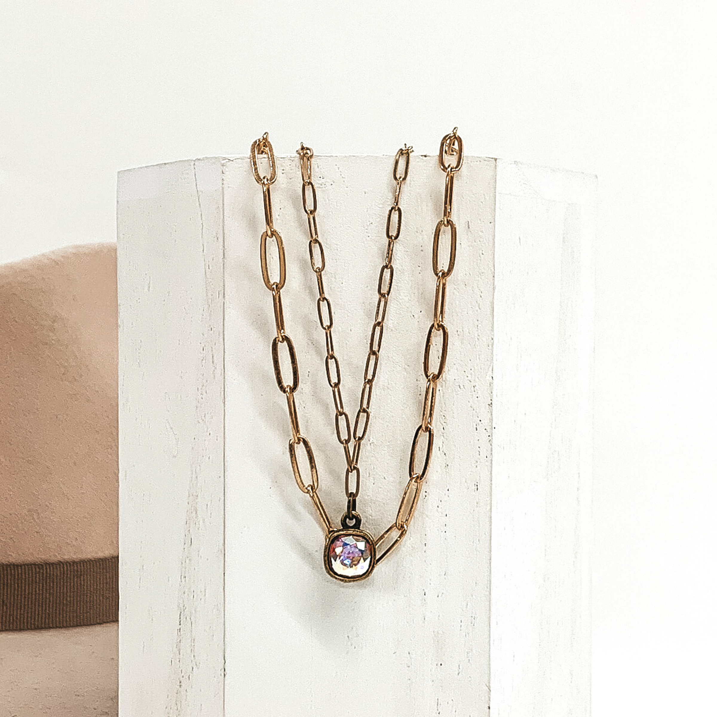 Pink Panache | Bronze Paperclip Double Chain Necklace with Cushion Cut AB Crystal - Giddy Up Glamour Boutique