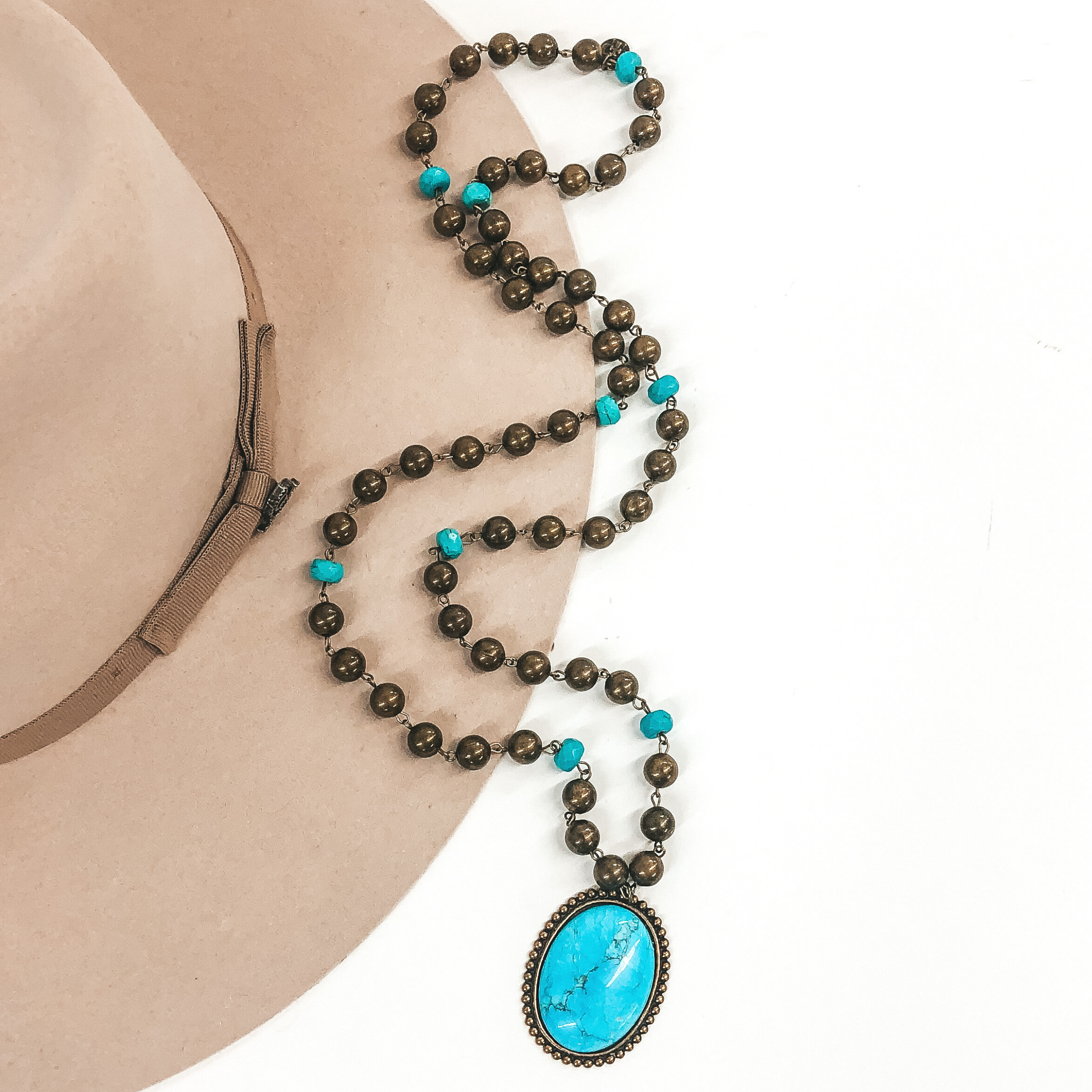 Pink Panache | Burnished Bronze and Turquoise Beaded Necklace with Medium Bronze Oval Turquoise Cabochon Pendant - Giddy Up Glamour Boutique