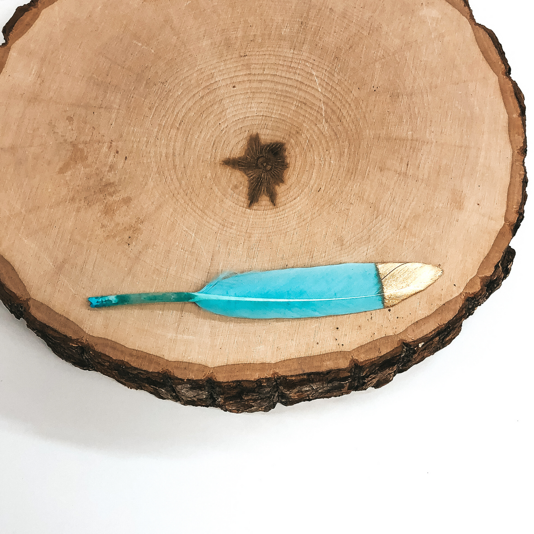 This a baby blue colored feather with a gold tip. This feather is pictured laying on a piece of wood on a white background. 