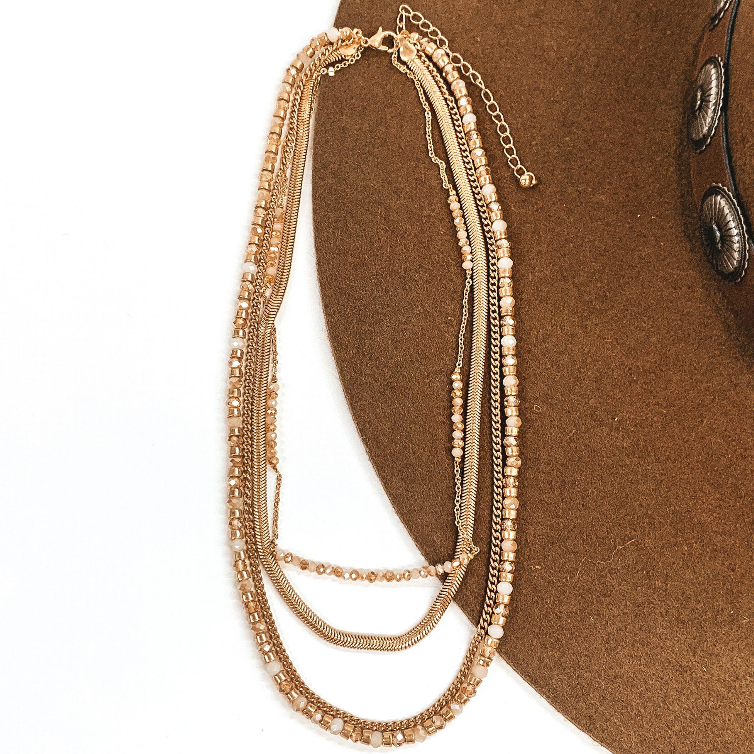 Four Strand Chain and Beaded Necklace in Gold Tone - Giddy Up Glamour Boutique