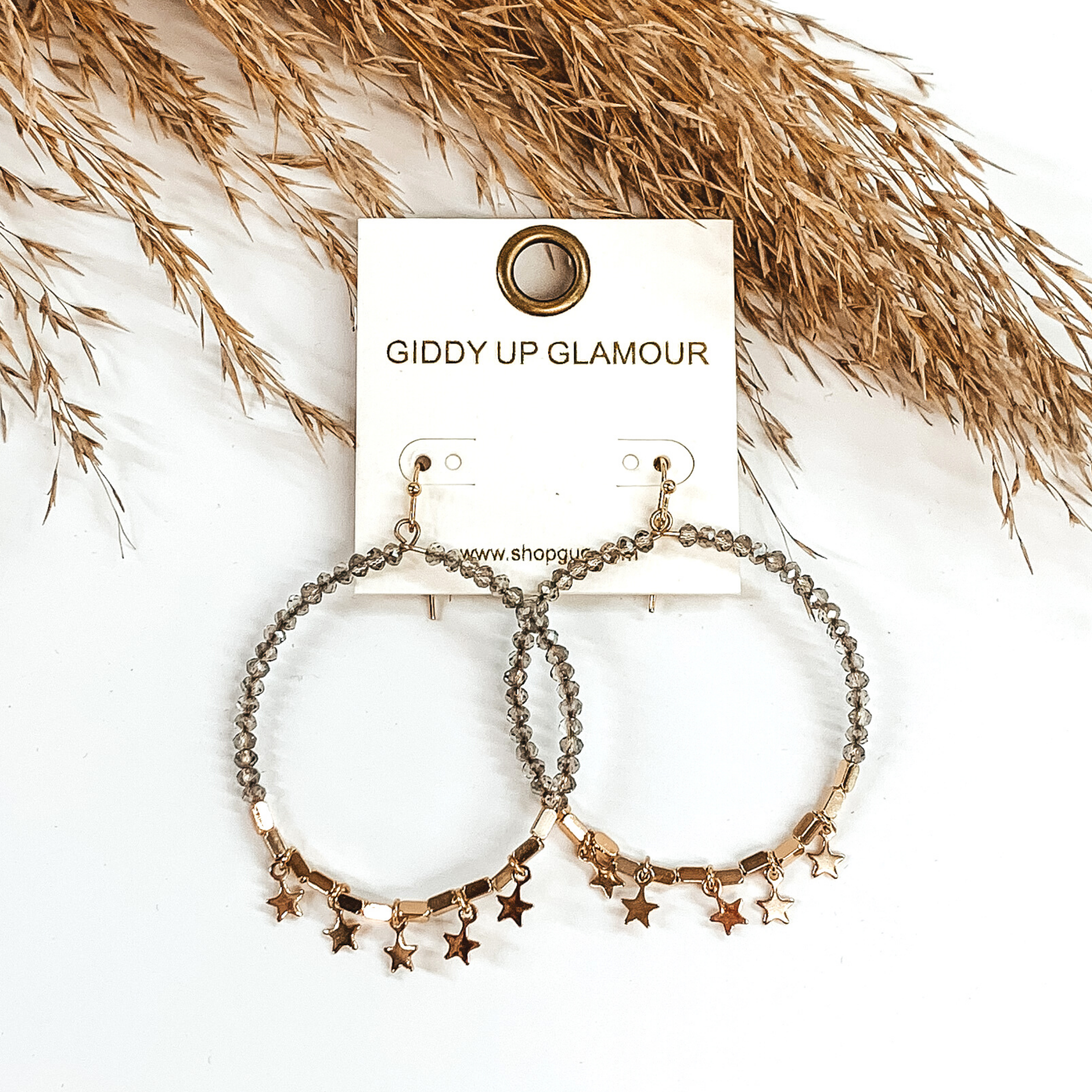 Circle Drop Beaded Earrings with Mini Gold Stars in Grey - Giddy Up Glamour Boutique