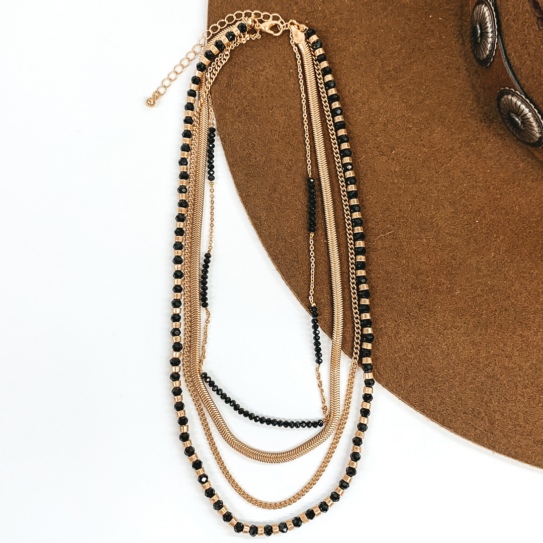 Four Strand Chain and Beaded Necklace in Black - Giddy Up Glamour Boutique