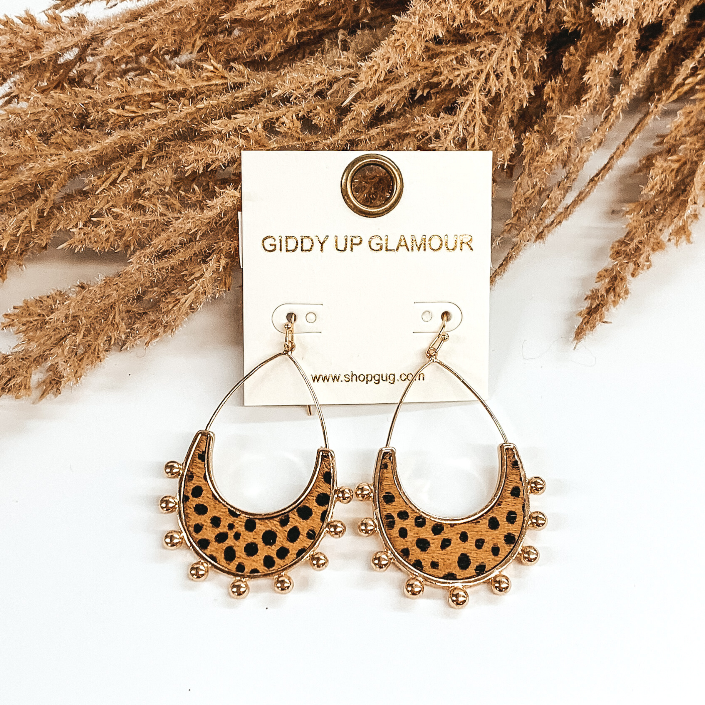 Gold Teardrop Earrings with a Brown Dotted Print - Giddy Up Glamour Boutique