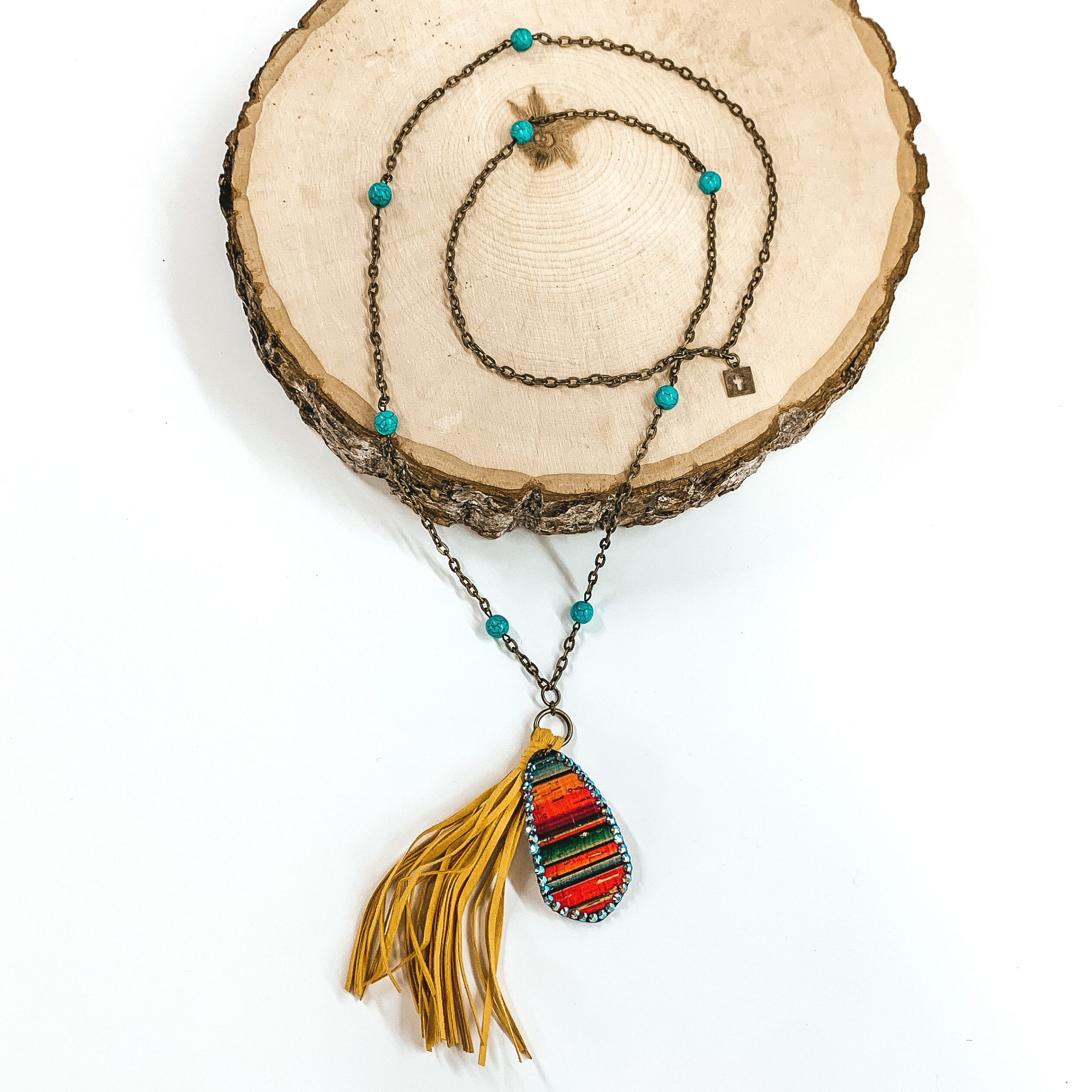 Pink Panache | Long Bronze Chained Necklace with Yellow Tassels and Serape Charm - Giddy Up Glamour Boutique
