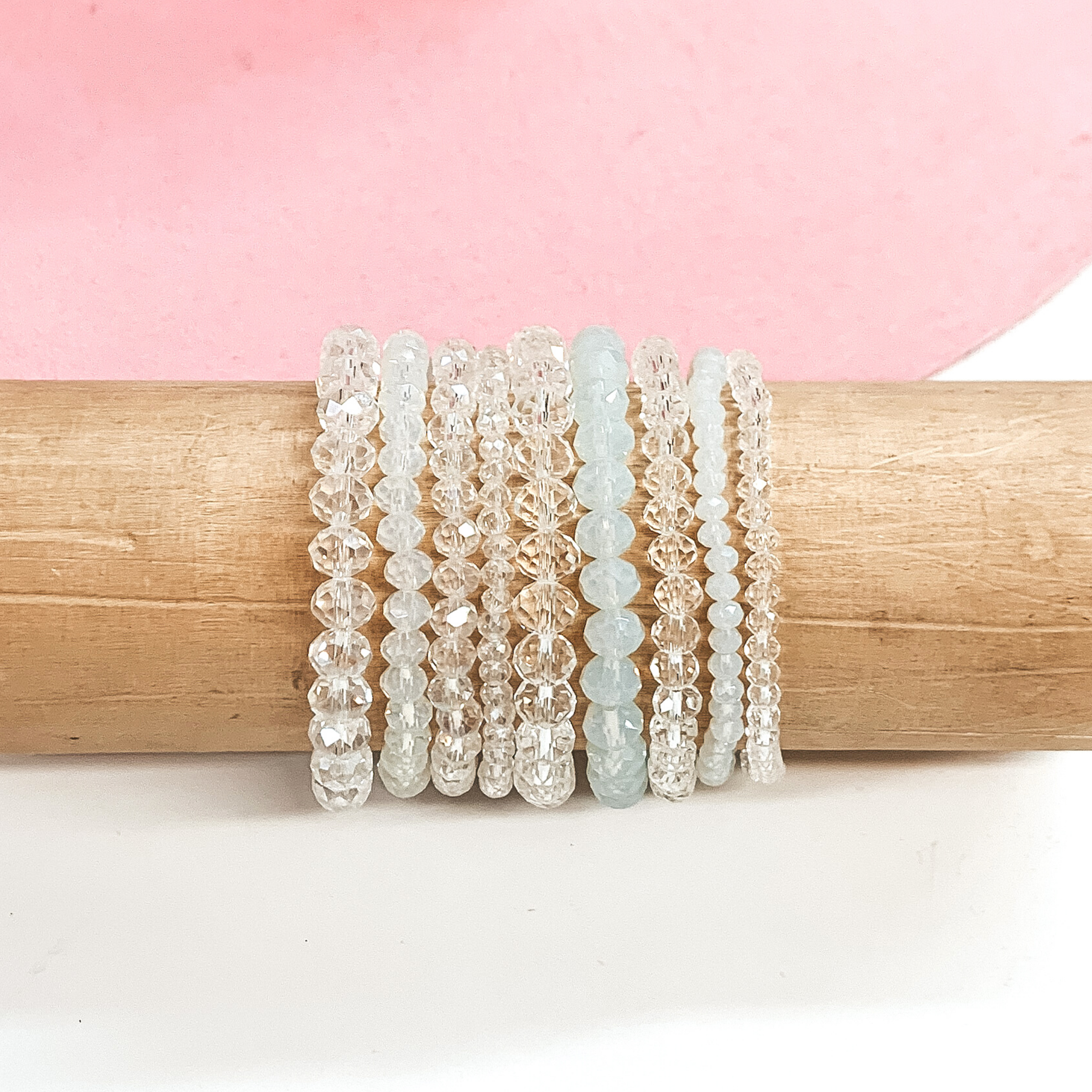 Nine Piece Crystal Beaded Bracelet Set in Clear - Giddy Up Glamour Boutique