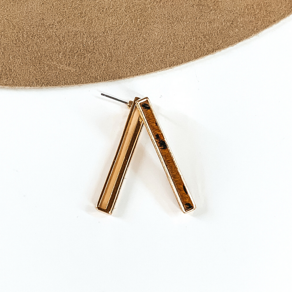 Rectangle Bar Earrings with Brown Animal Print Inlay in Gold - Giddy Up Glamour Boutique