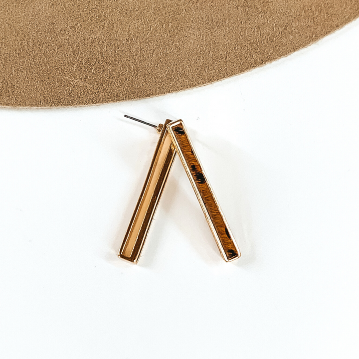 Rectangle Bar Earrings with Brown Animal Print Inlay in Gold - Giddy Up Glamour Boutique