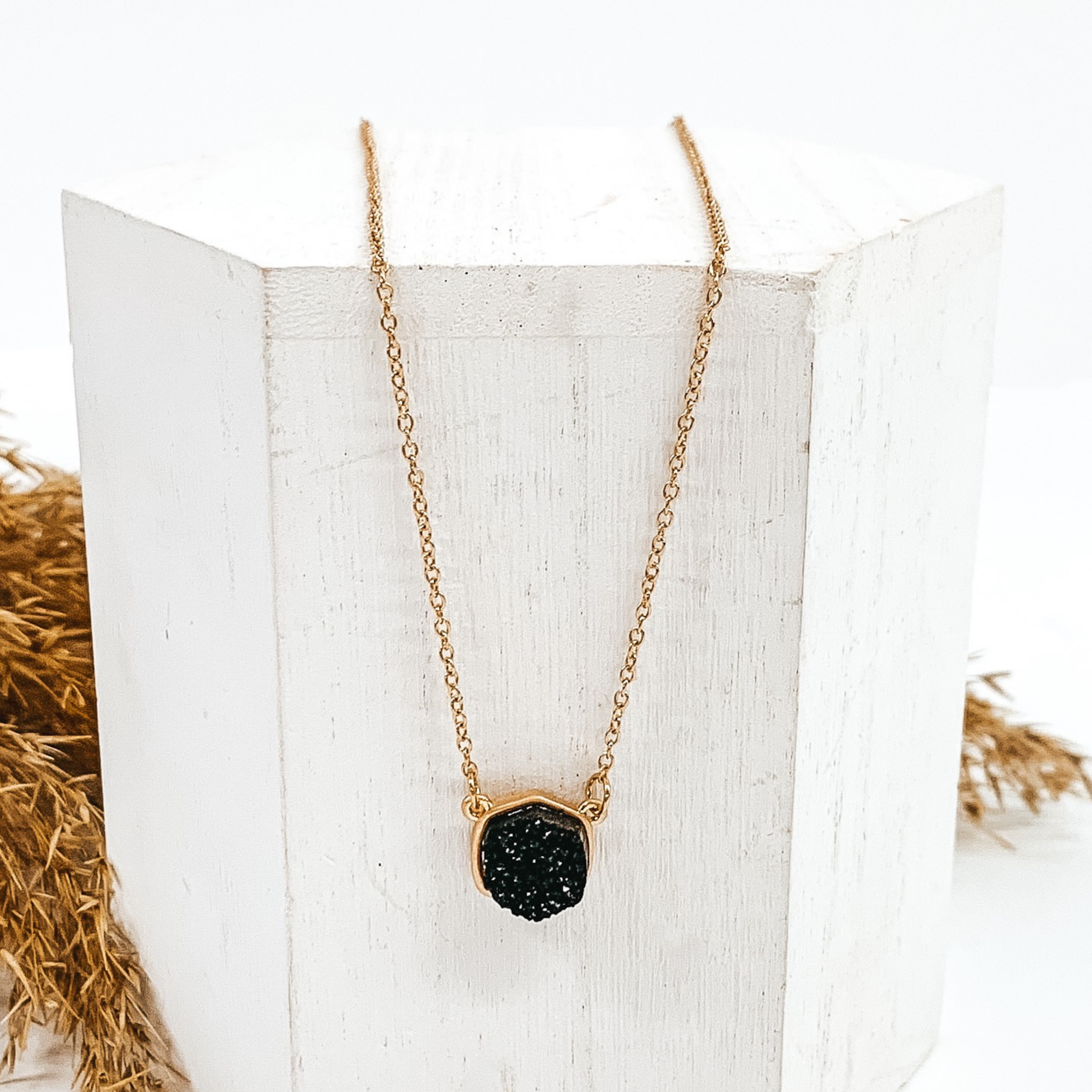 Druzy Hexagon Gold Necklace in Black - Giddy Up Glamour Boutique