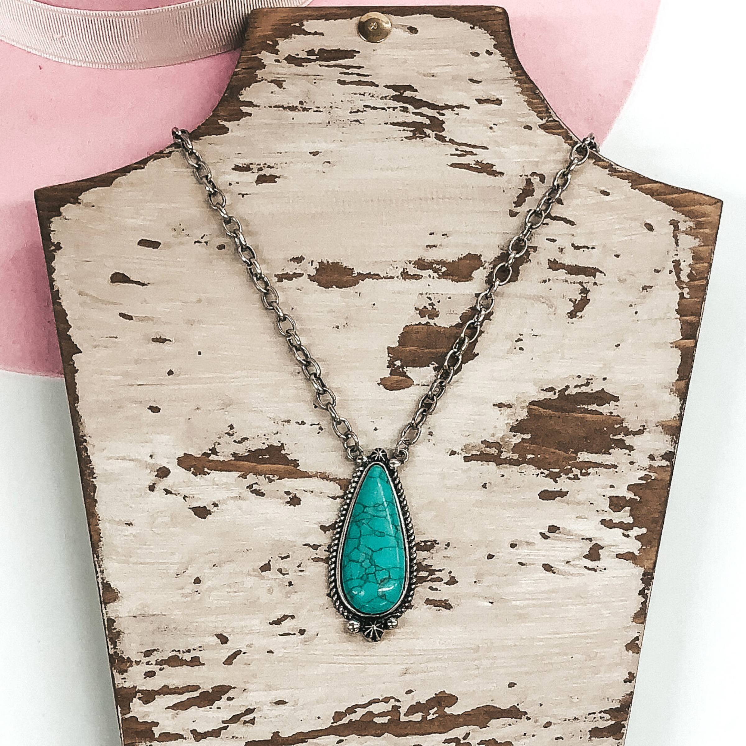 Western Silver Tone Chain Necklace with Teardrop Pendant in Turquoise - Giddy Up Glamour Boutique