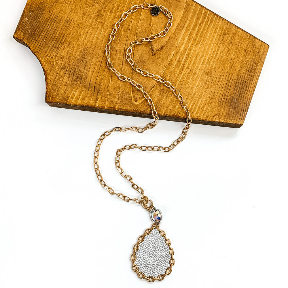 Pink Panache | Long Gold Chain Necklace with AB Cushion Cut Crystal and Gold Chained Rimmed Leather Teardrop Pendant in Silver - Giddy Up Glamour Boutique