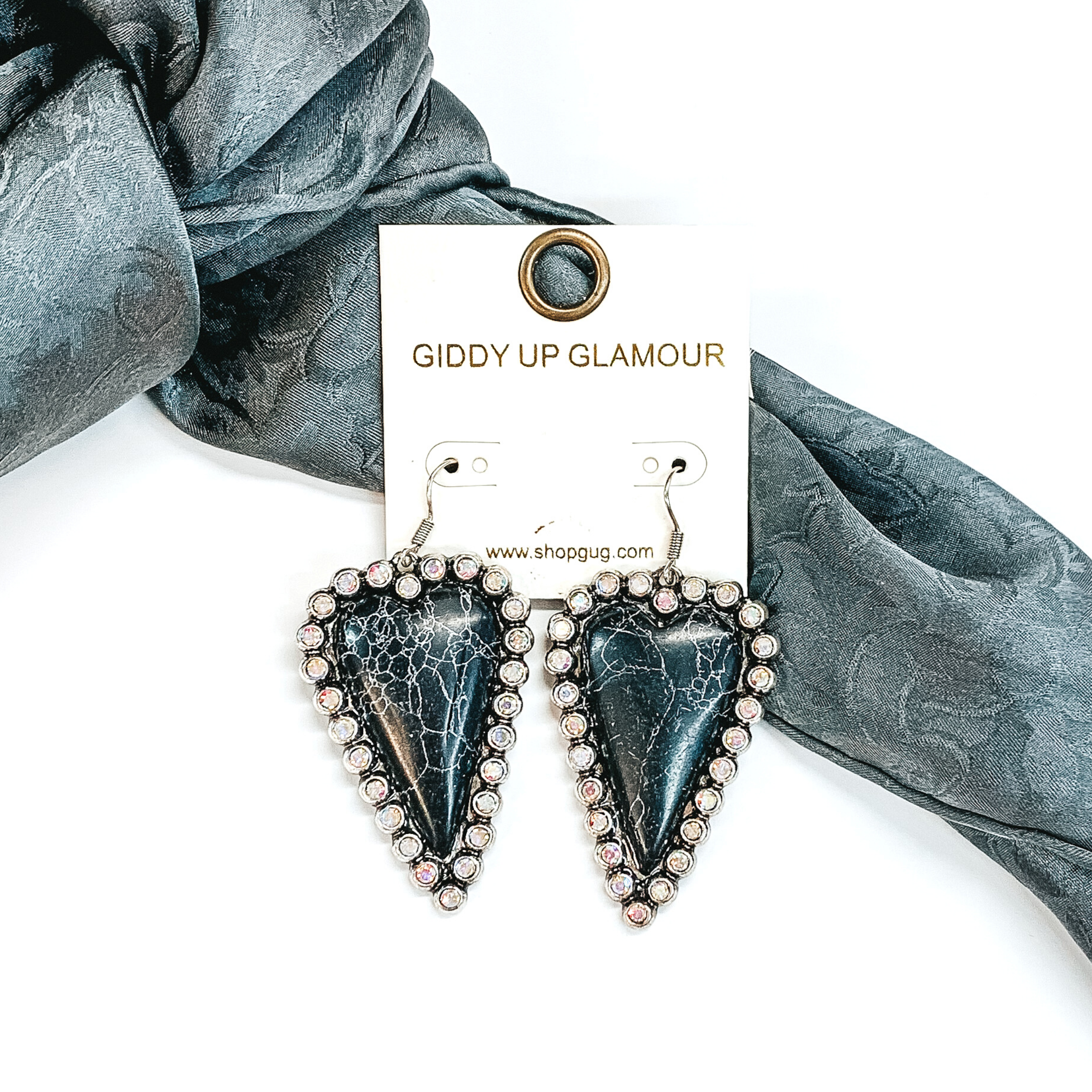 Dangle Stone Heart Earrings with AB Crystal Outline in Black - Giddy Up Glamour Boutique