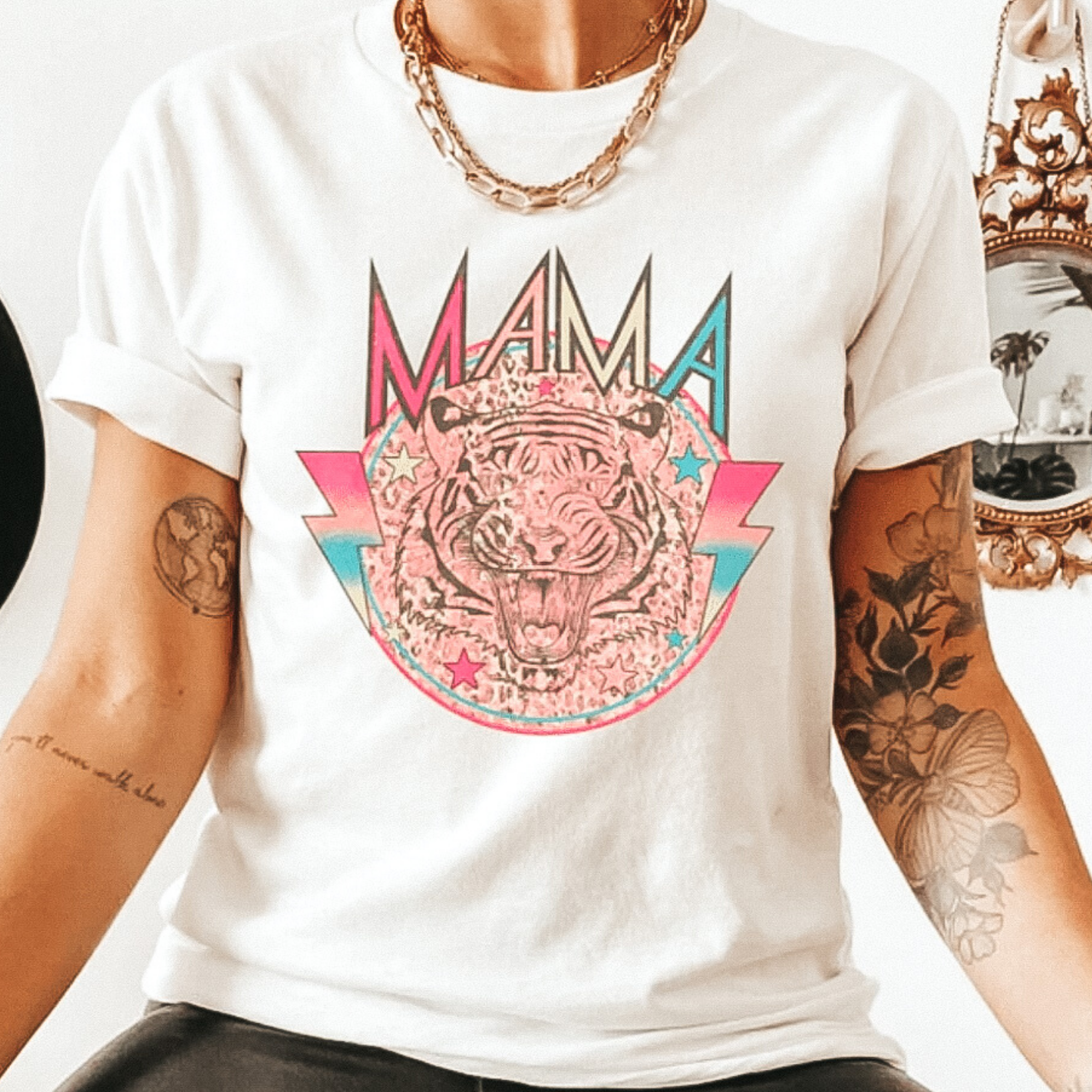 Online Exclusive | MAMA Vintage Inspired Short Sleeve Tiger Graphic Tee in White - Giddy Up Glamour Boutique