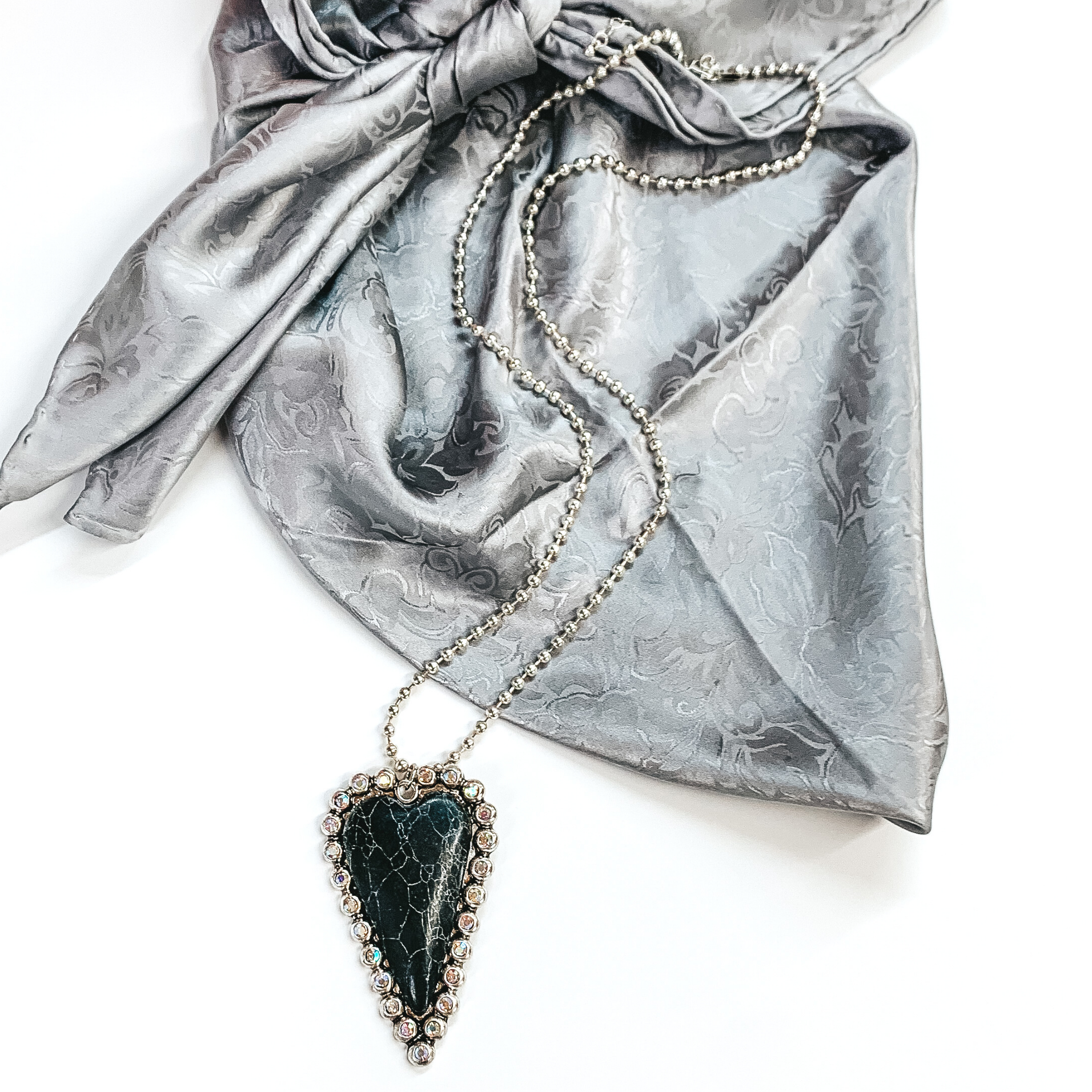 Silver Beaded Necklace and Stone Heart Pendant with AB Crystal Outline in Black - Giddy Up Glamour Boutique