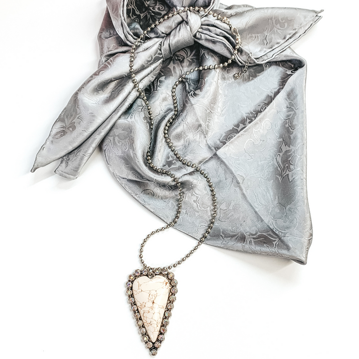 Silver Beaded Necklace and Stone Heart Pendant with AB Crystal Outline in Ivory - Giddy Up Glamour Boutique