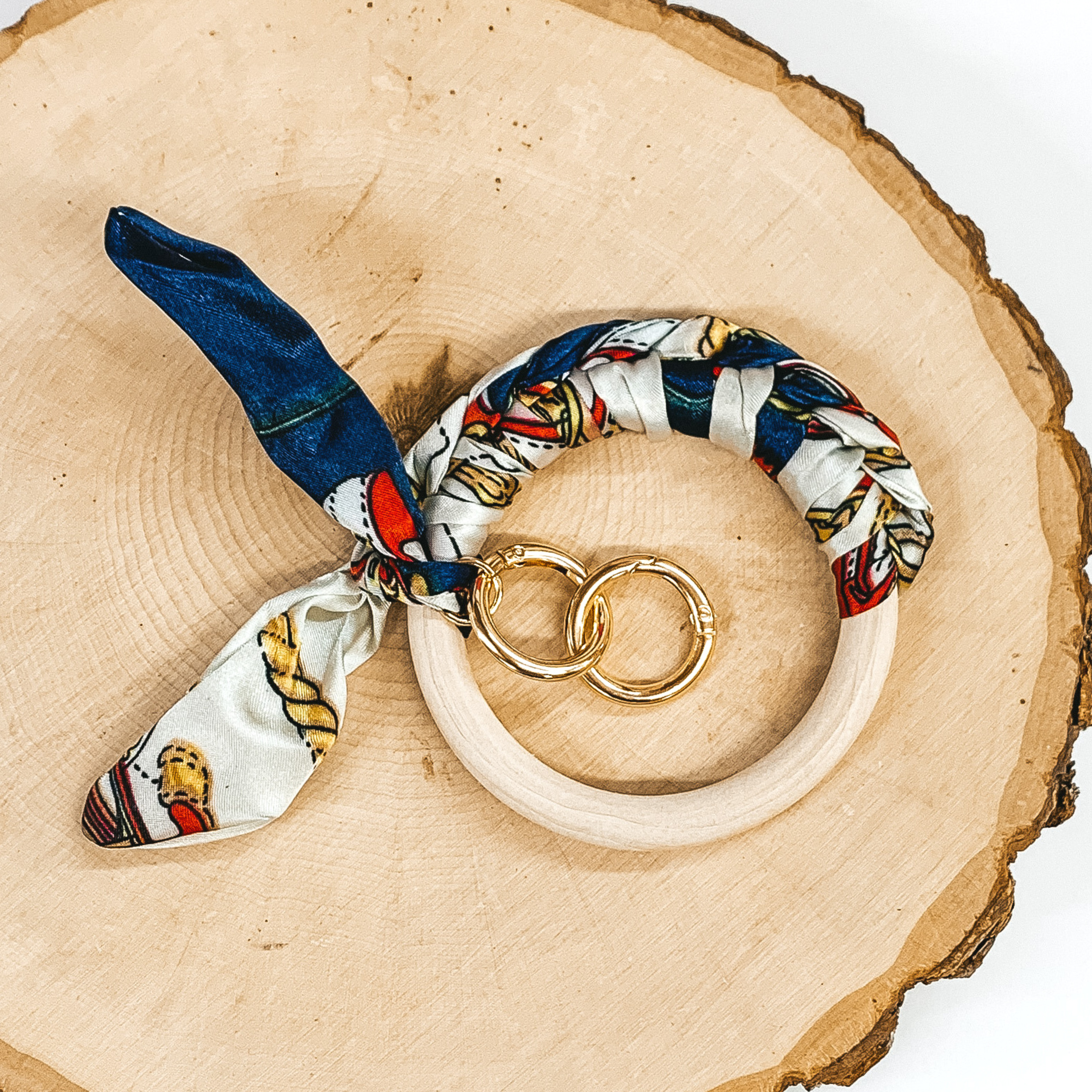 Wooden Bangle Key Ring with Wrapped Scarf in Navy/White - Giddy Up Glamour Boutique