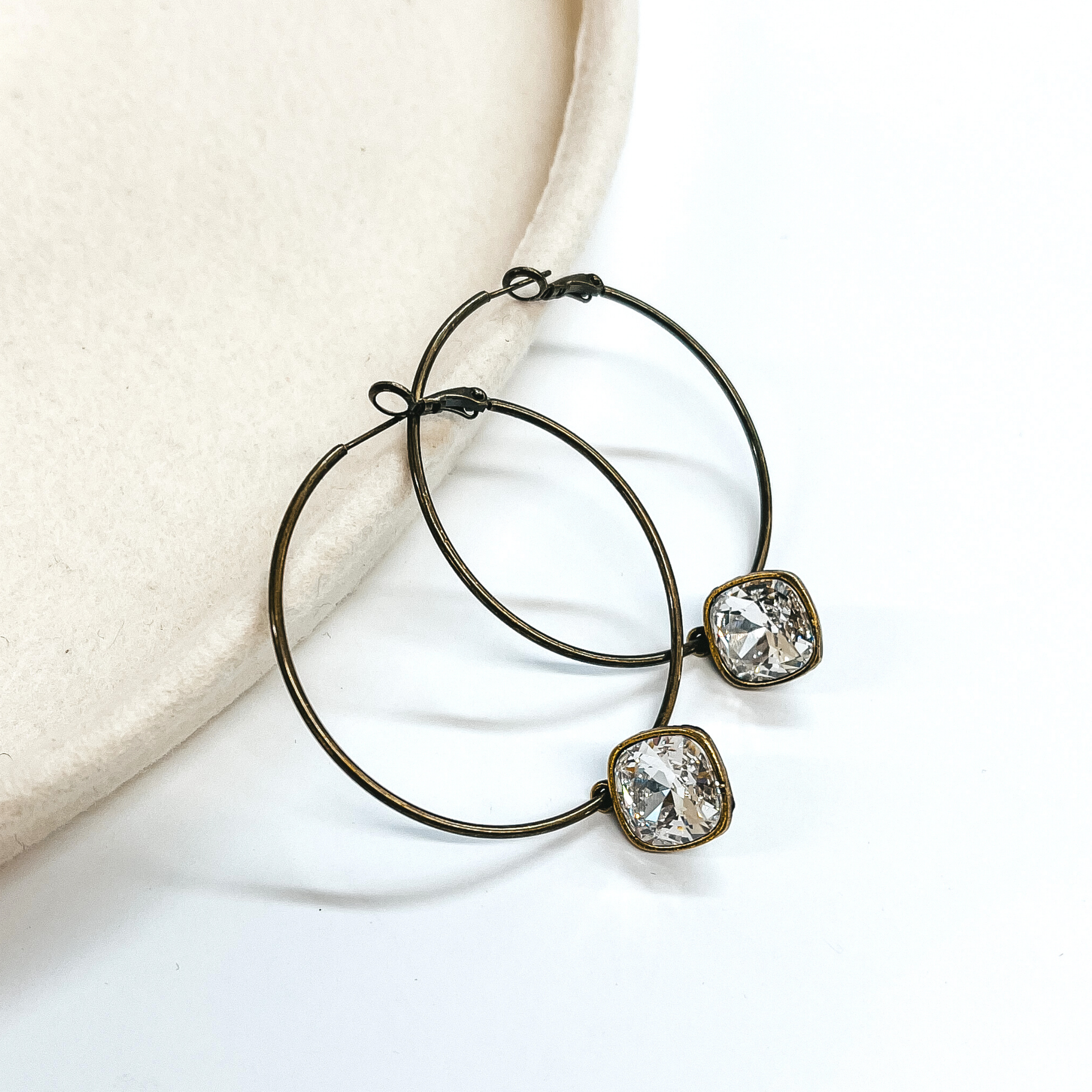 Pink Panache | Large Bronze Hoop Earrings with Clear Cushion Cut Crystals in Square Setting - Giddy Up Glamour Boutique