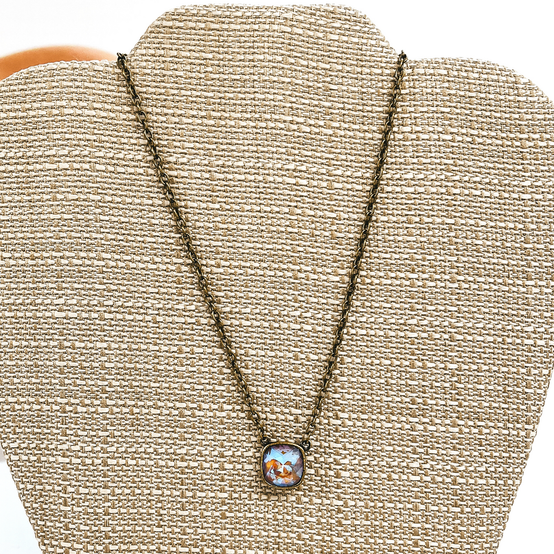Pink Panache | Bronze Chain Necklace with Cushion Cut Crystal in Cappuccino - Giddy Up Glamour Boutique