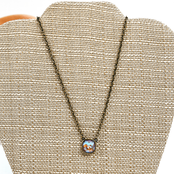Pink Panache | Bronze Chain Necklace with Cushion Cut Crystal in Cappuccino - Giddy Up Glamour Boutique