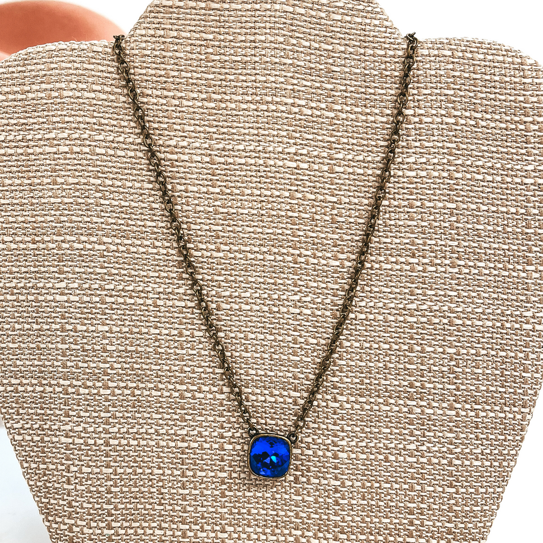 Pink Panache | Bronze Chain Necklace with AB Majestic Blue Cushion Cut Crystal - Giddy Up Glamour Boutique