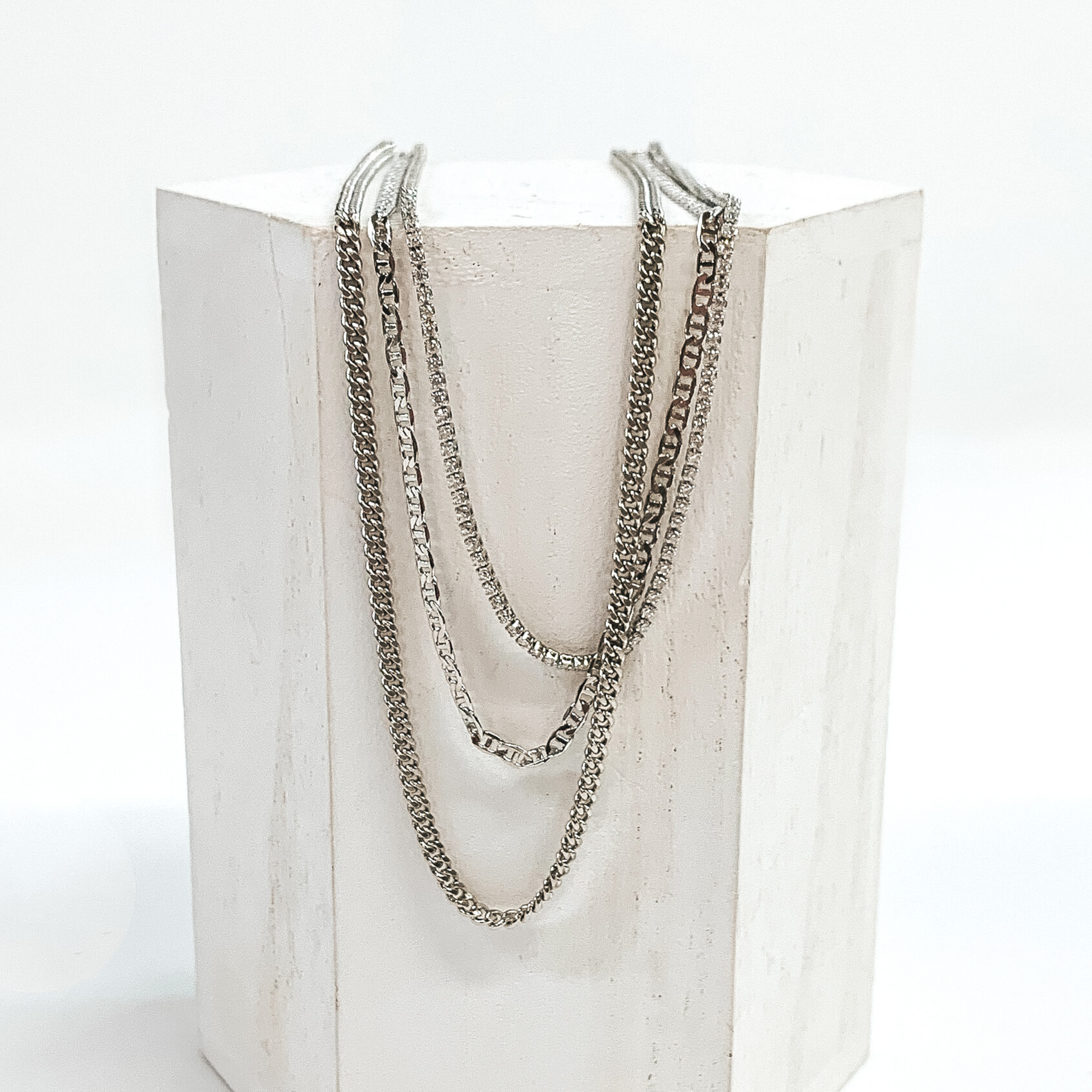 Layered Chain and Rhinestone Necklace in Silver - Giddy Up Glamour Boutique