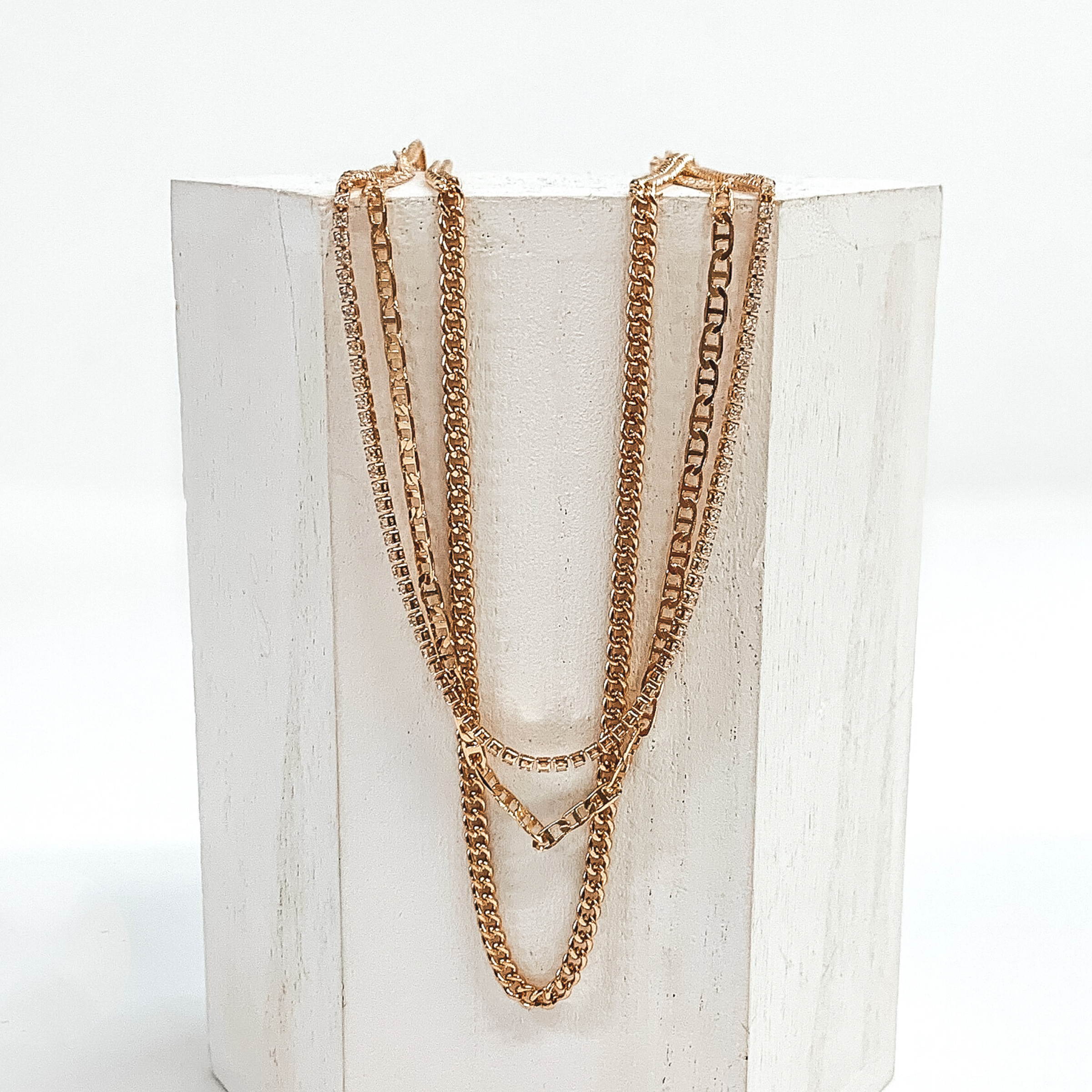 Layered Chain and Rhinestone Necklace in Gold - Giddy Up Glamour Boutique